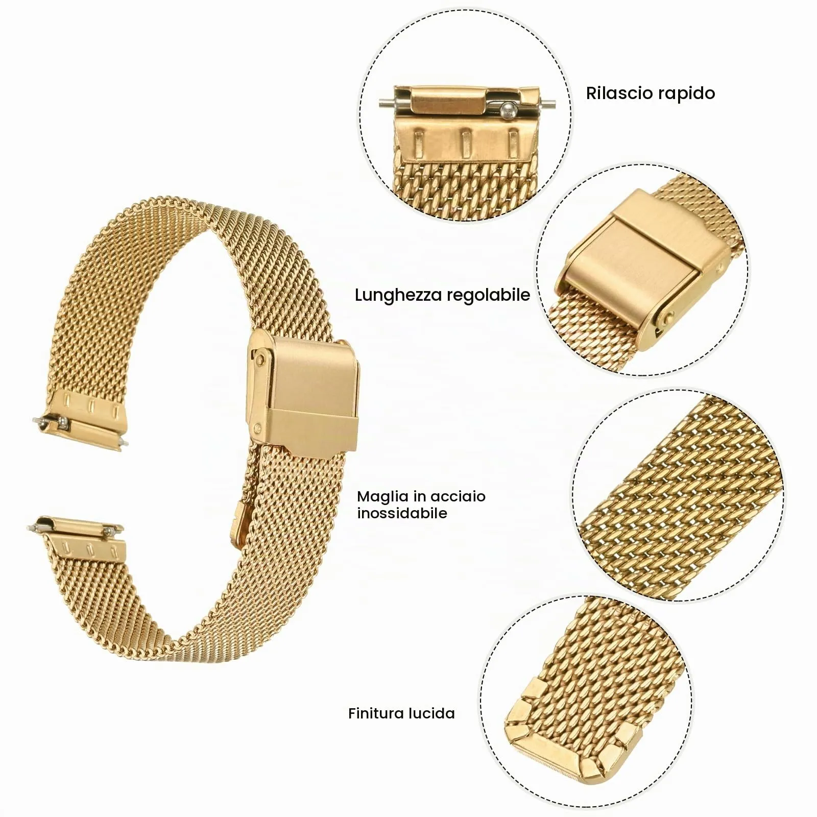 QUARKZMAN 316L Acciaio Inossidabile Maglia Cinturino Orologio 15mm Cinturino Orologio in Metallo Regolabile a Sgancio Rapido per Uomo Donna, Tono Oro - immagine 4