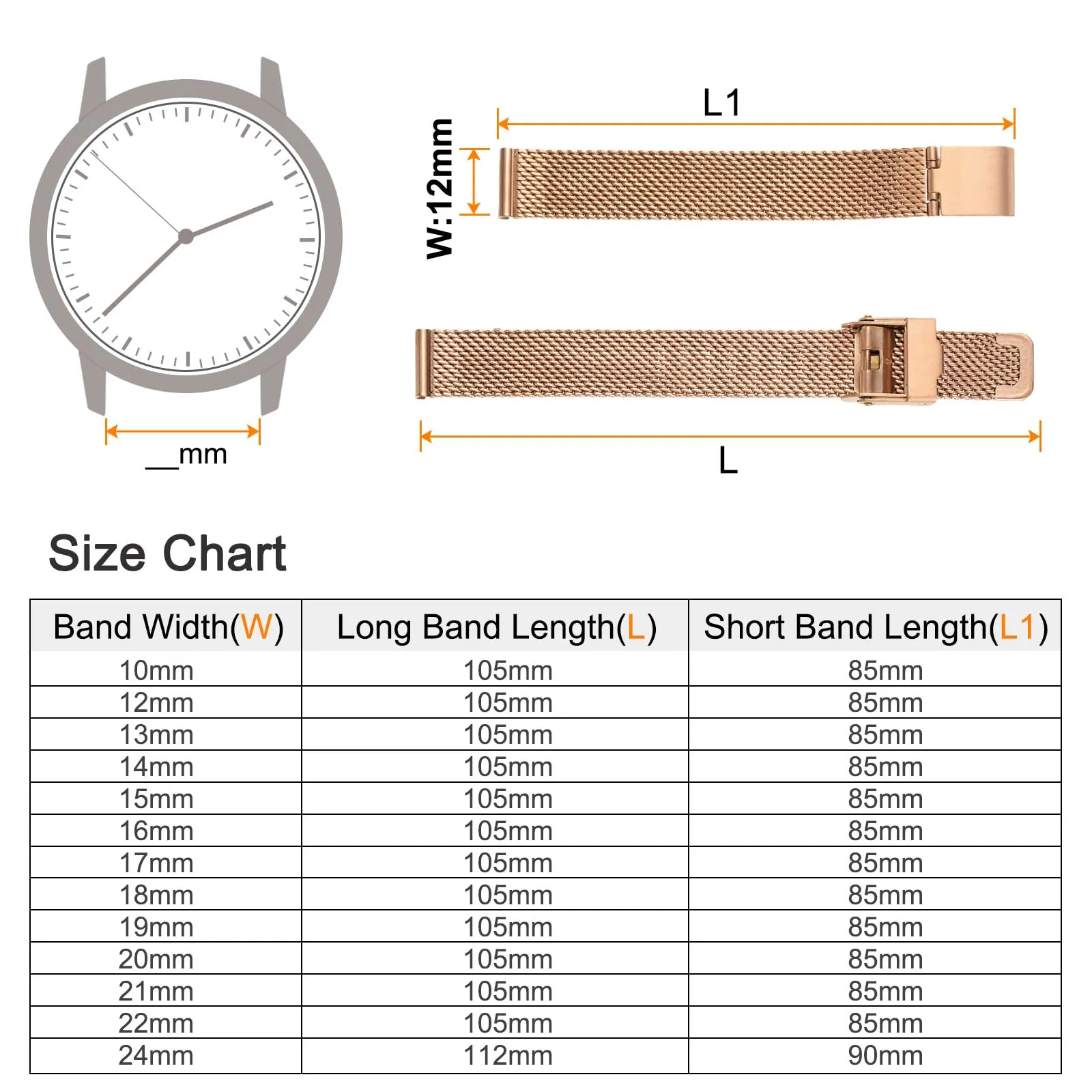 QUARKZMAN 316L Acciaio Inossidabile Maglia Cinturino Orologio 12mm Cinturino Orologio in Metallo Regolabile a Sgancio Rapido per Uomo Donna, Oro Rosa - immagine 2
