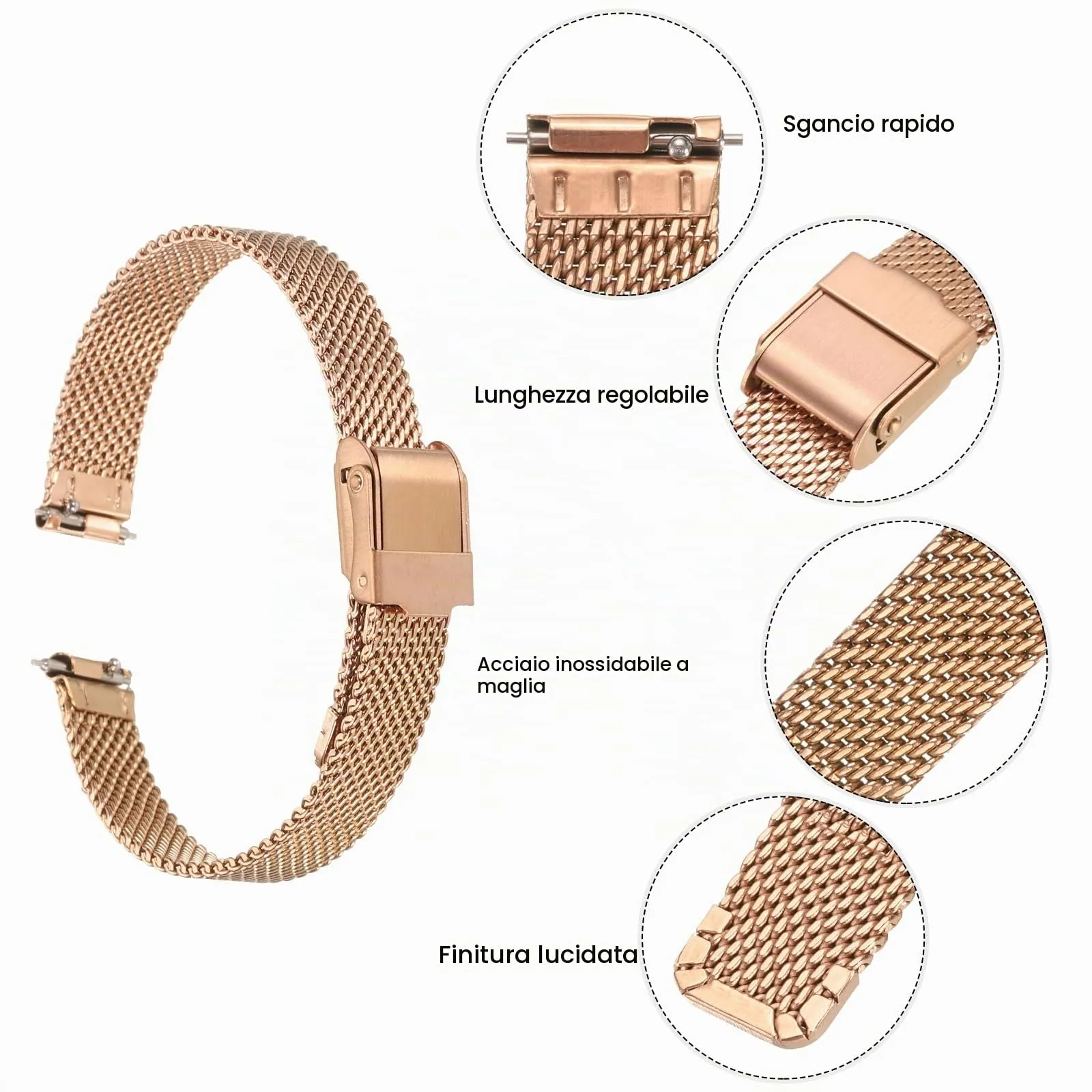 QUARKZMAN 316L Acciaio Inossidabile Maglia Cinturino Orologio 12mm Cinturino Orologio in Metallo Regolabile a Sgancio Rapido per Uomo Donna, Oro Rosa - immagine 4