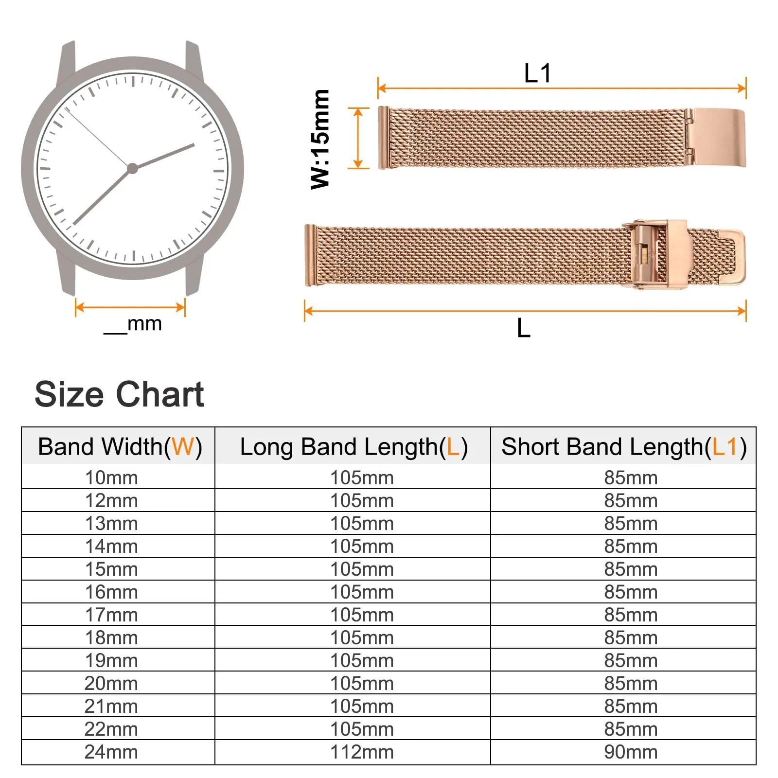 QUARKZMAN 316L Acciaio Inossidabile Maglia Cinturino Orologio 15mm Cinturino Orologio in Metallo Regolabile a Sgancio Rapido per Uomo Donna, Oro Rosa - immagine 2