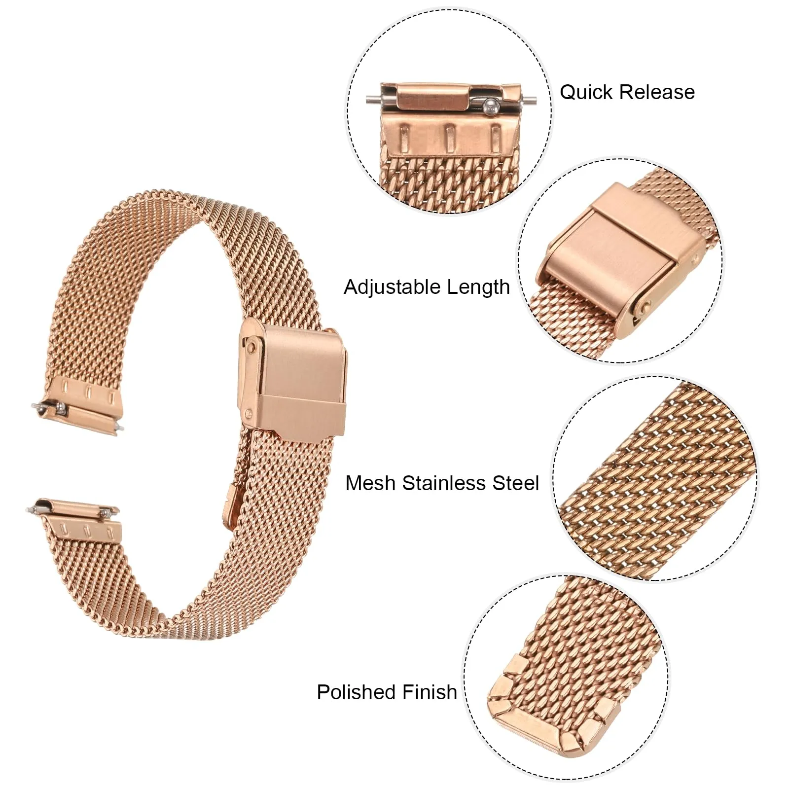 QUARKZMAN 316L Acciaio Inossidabile Maglia Cinturino Orologio 15mm Cinturino Orologio in Metallo Regolabile a Sgancio Rapido per Uomo Donna, Oro Rosa - immagine 4