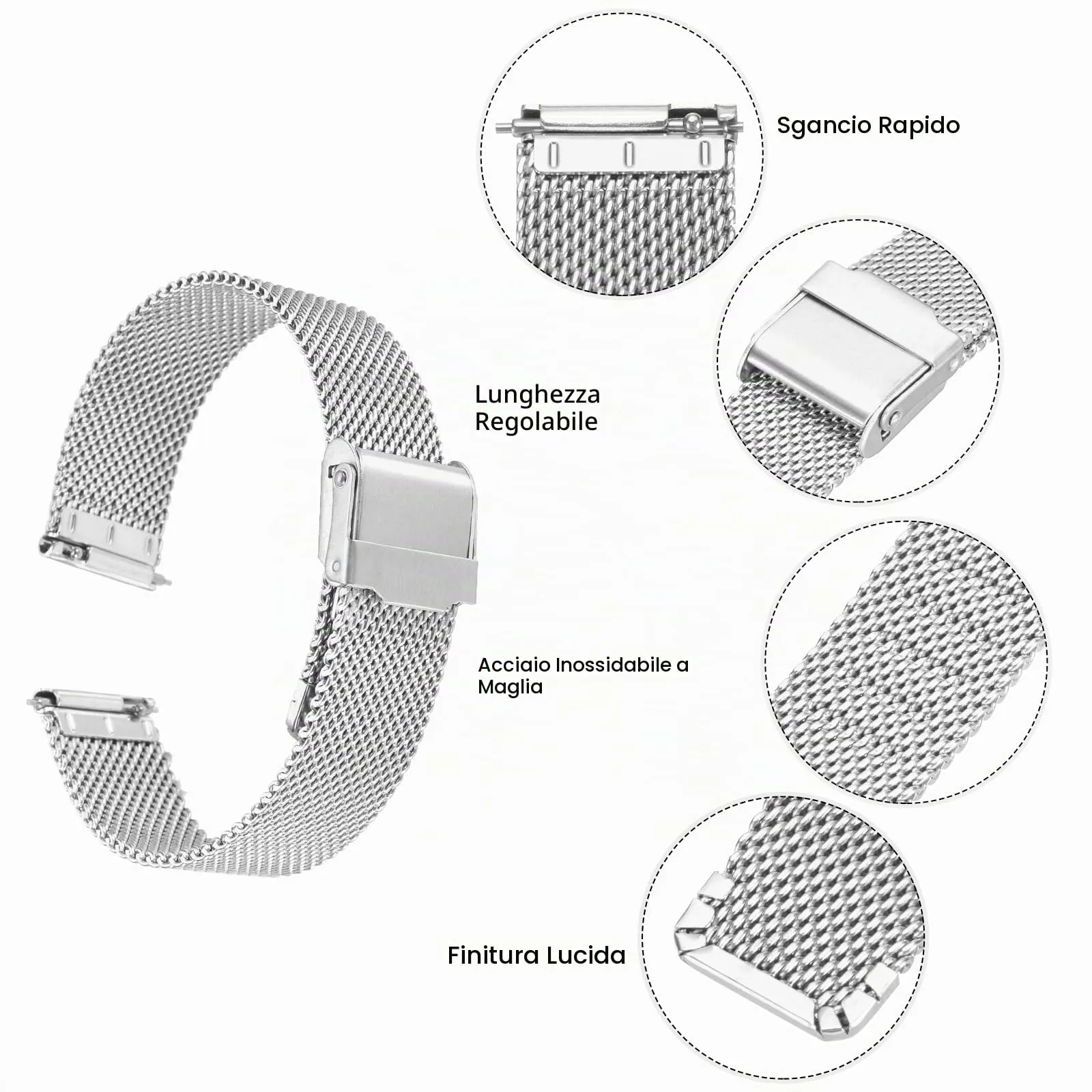 QUARKZMAN 316L Acciaio Inossidabile Maglia Cinturino Orologio 16mm Cinturino Orologio in Metallo Regolabile a Sgancio Rapido per Uomo Donna, Tono Argento - immagine 4