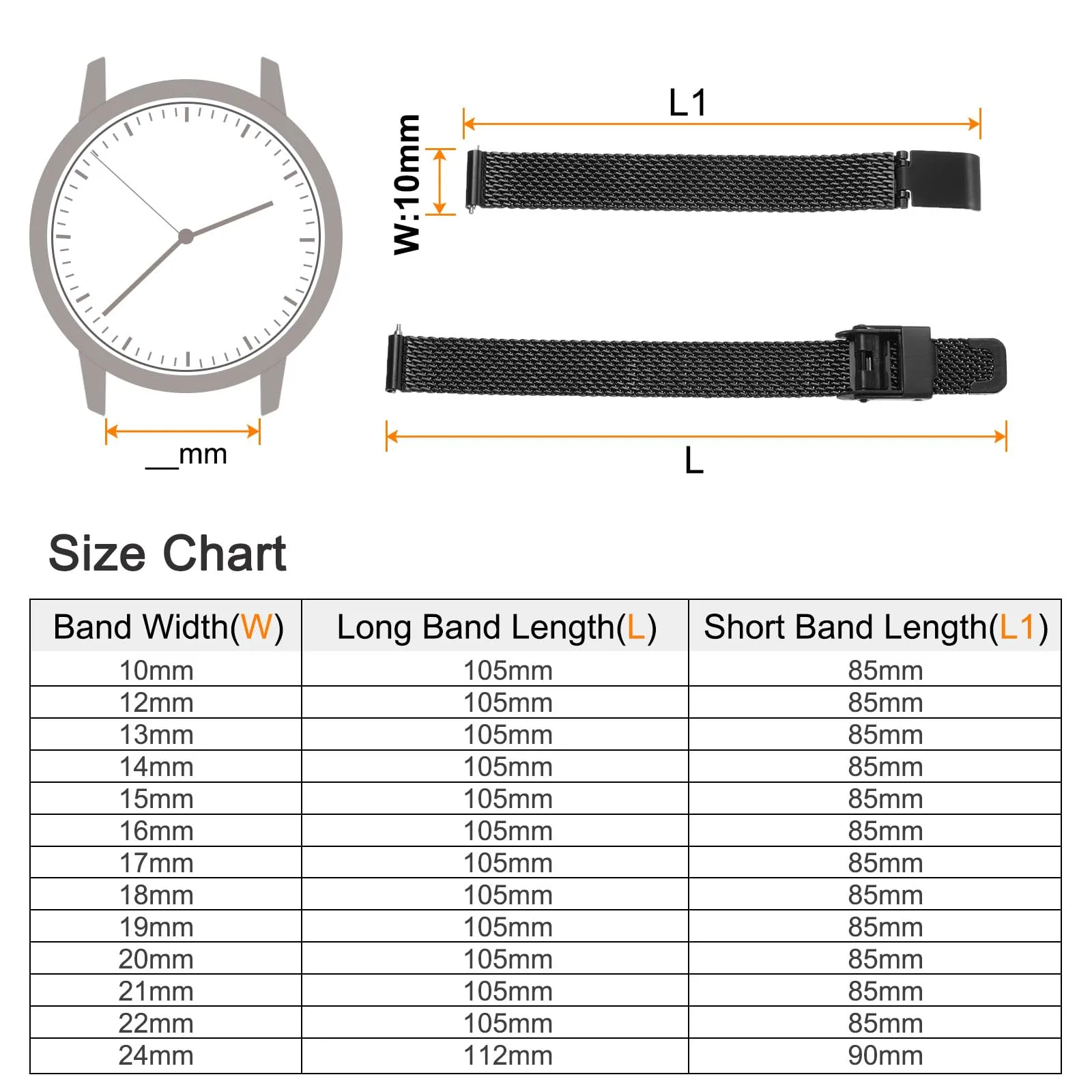 QUARKZMAN 316L Acciaio Inossidabile Maglia Cinturino Orologio 10mm Cinturino Orologio in Metallo Regolabile a Sgancio Rapido per Uomo Donna, Nero - immagine 2