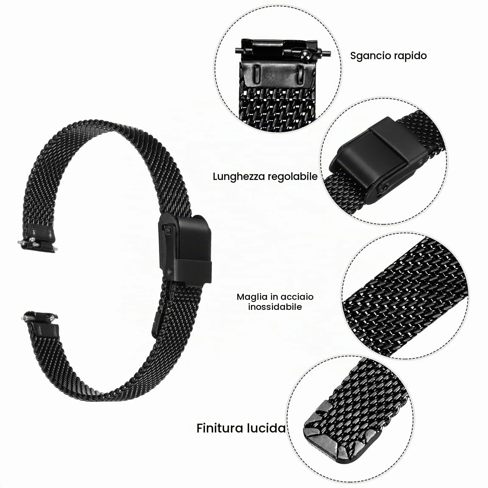 QUARKZMAN 316L Acciaio Inossidabile Maglia Cinturino Orologio 10mm Cinturino Orologio in Metallo Regolabile a Sgancio Rapido per Uomo Donna, Nero - immagine 4