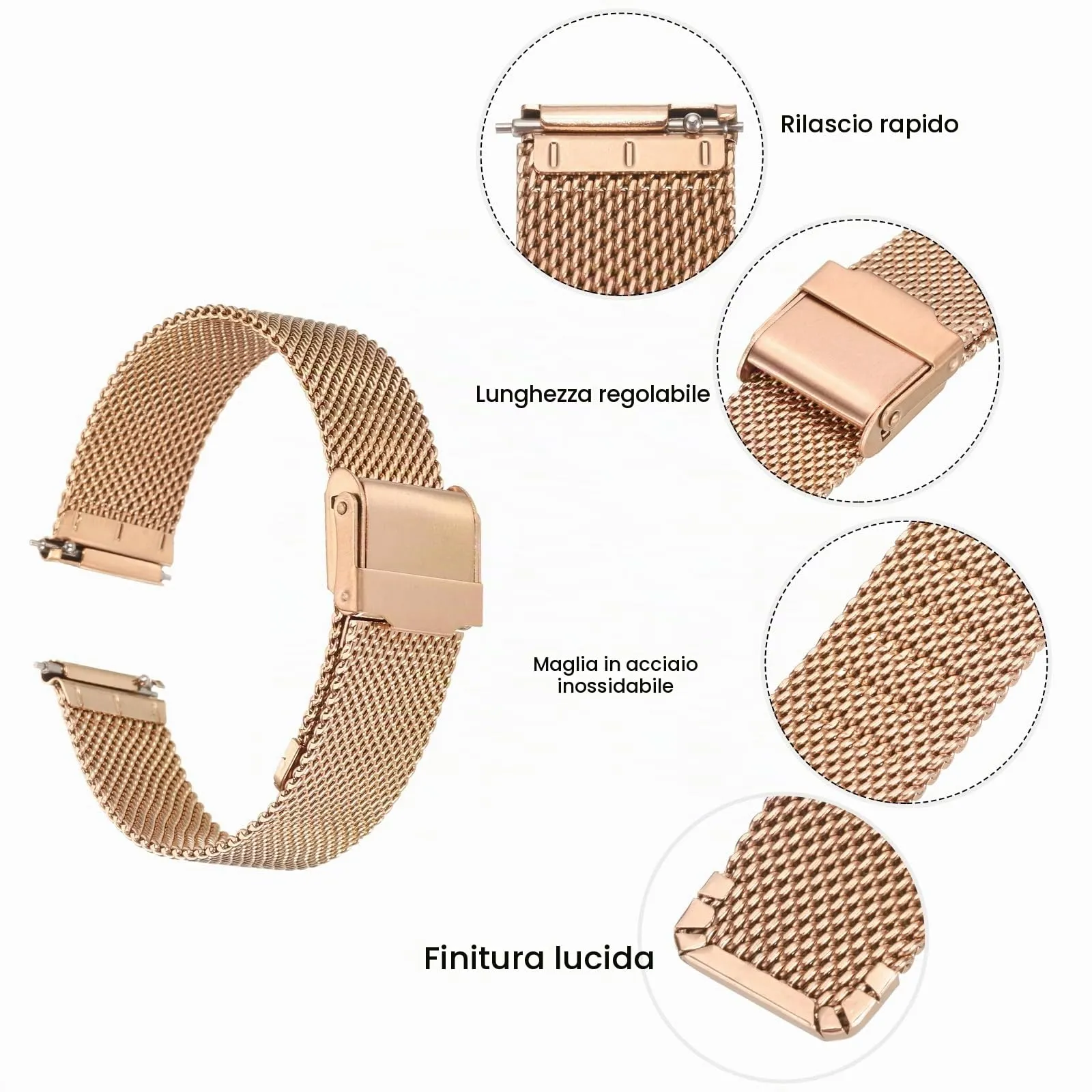 QUARKZMAN 316L Acciaio Inossidabile Maglia Cinturino Orologio 17mm Oro Rosa - immagine 4