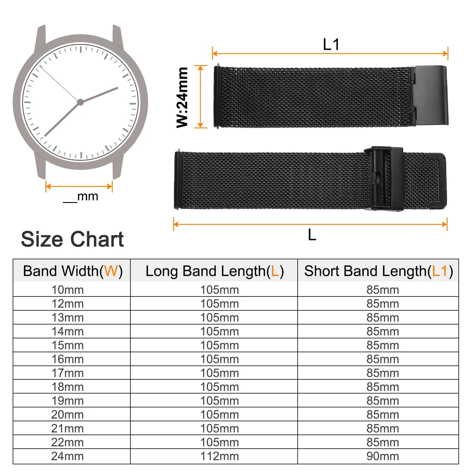 QUARKZMAN 316L Acciaio Inossidabile Maglia Cinturino Orologio 24mm Cinturino Orologio in Metallo Regolabile a Sgancio Rapido per Uomo Donna, Nero - immagine 2