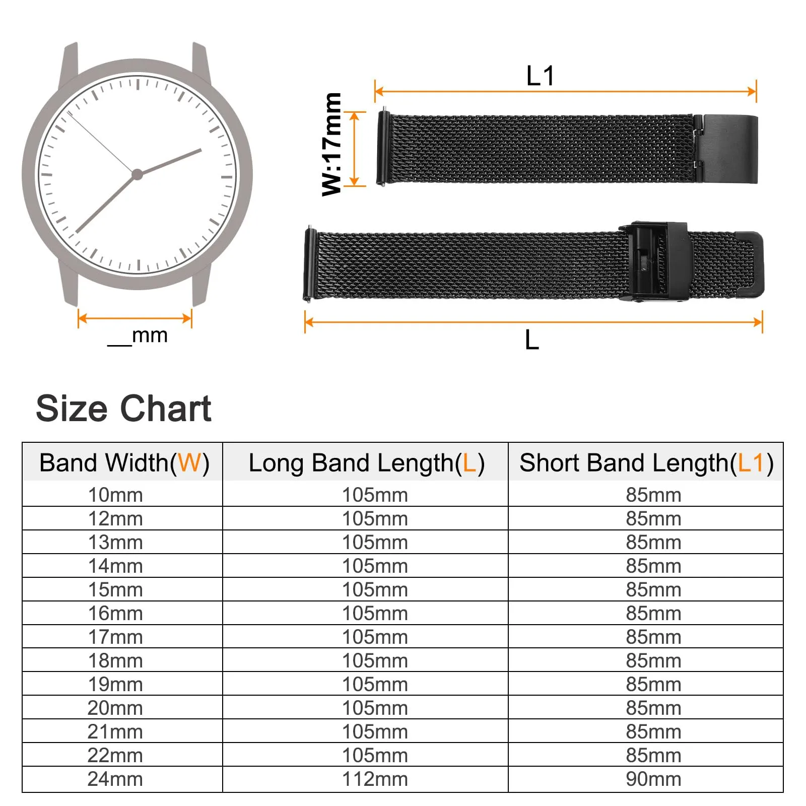 QUARKZMAN 316L Acciaio Inossidabile Maglia Cinturino Orologio 17mm Nero - immagine 2