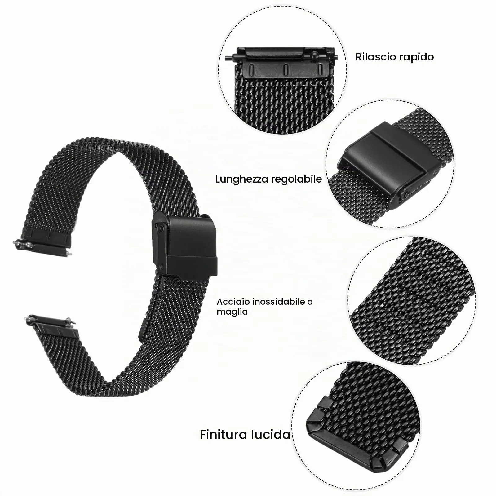 QUARKZMAN 316L Acciaio Inossidabile Maglia Cinturino Orologio 17mm Nero - immagine 4