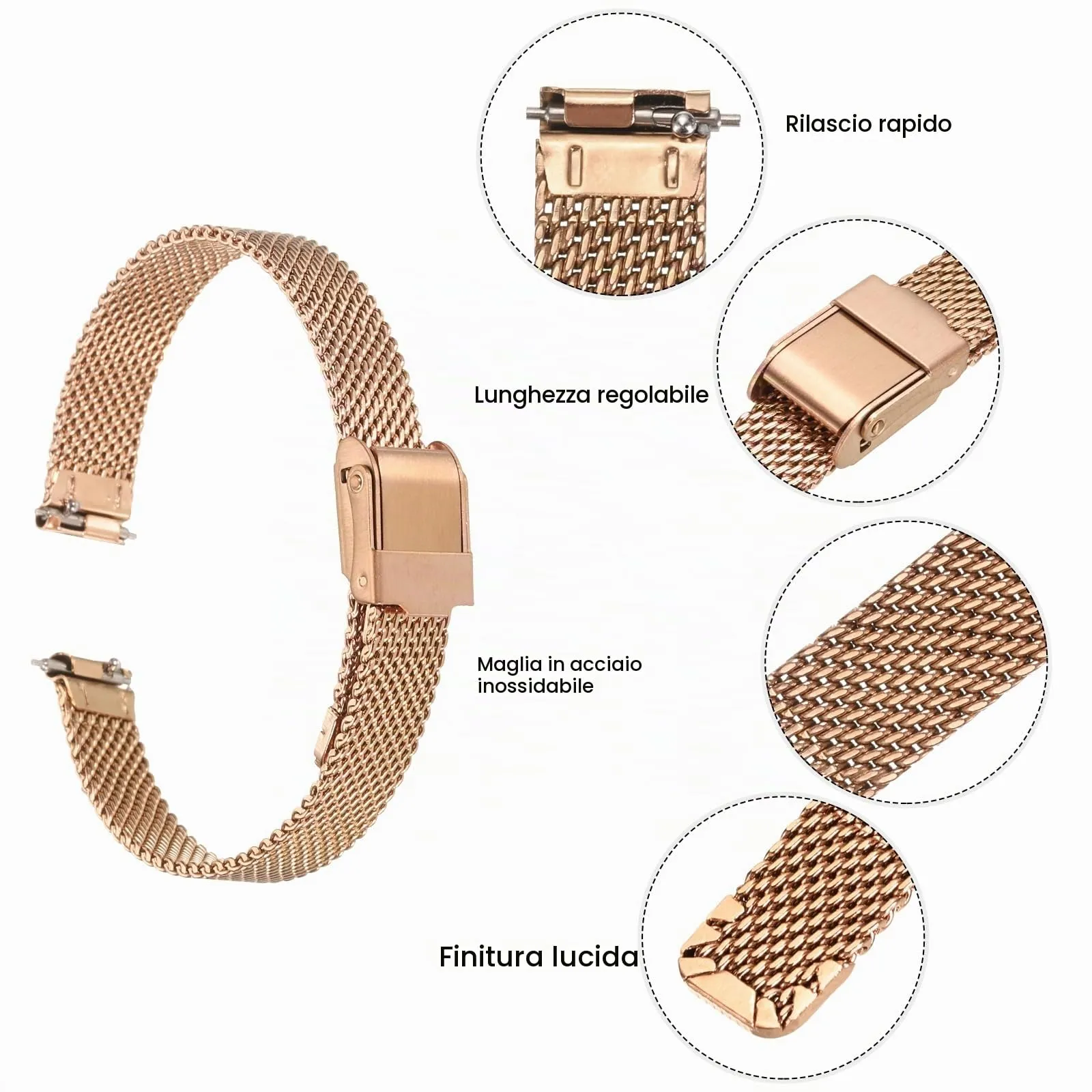 QUARKZMAN 316L Acciaio Inossidabile Maglia Cinturino Orologio 10mm Cinturino Orologio in Metallo Regolabile a Sgancio Rapido per Uomo Donna, Oro Rosa - immagine 4