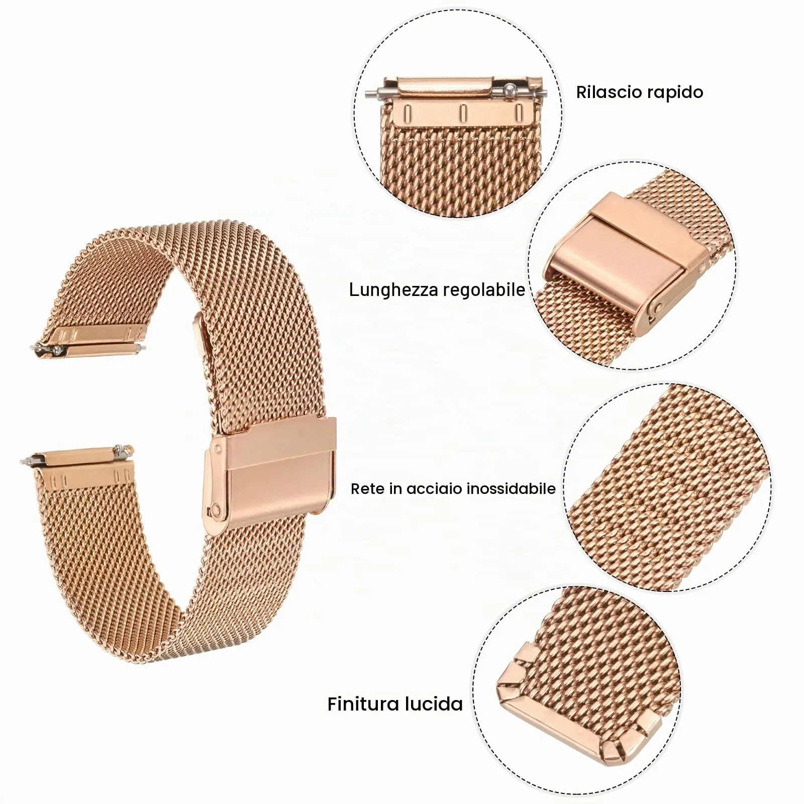 QUARKZMAN 316L Acciaio Inossidabile Maglia Cinturino Orologio 20mm Cinturino Orologio in Metallo Regolabile a Sgancio Rapido per Uomo Donna, Oro Rosa - immagine 4