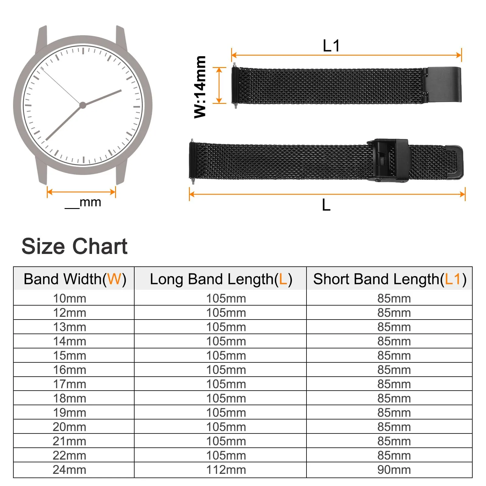 QUARKZMAN 316L Acciaio Inossidabile Maglia Cinturino Orologio 14mm Cinturino Orologio in Metallo Regolabile a Sgancio Rapido per Uomo Donna, Nero - immagine 2