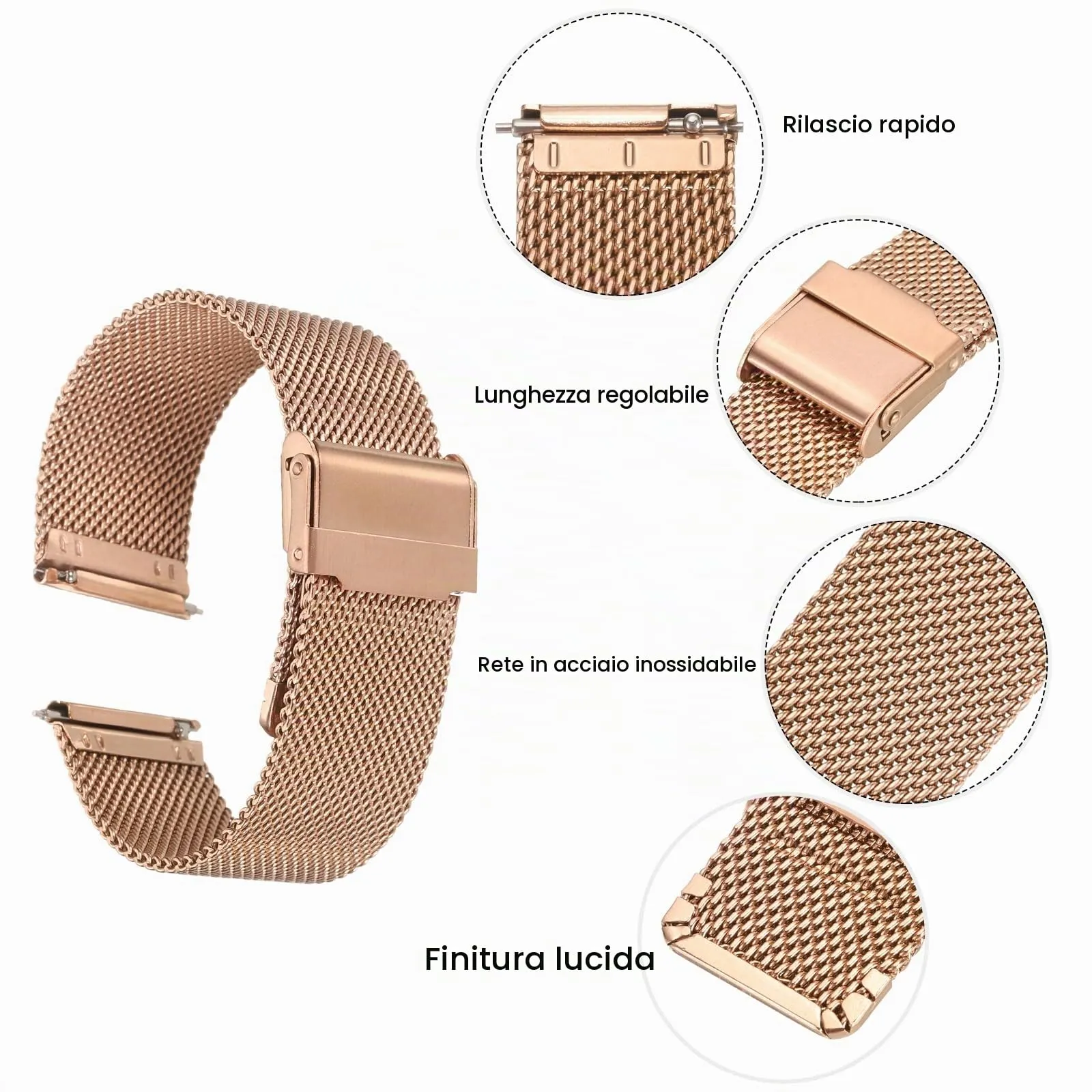 QUARKZMAN 316L Acciaio Inossidabile Maglia Cinturino Orologio 22mm Cinturino Orologio in Metallo Regolabile a Sgancio Rapido per Uomo Donna, Oro Rosa - immagine 4