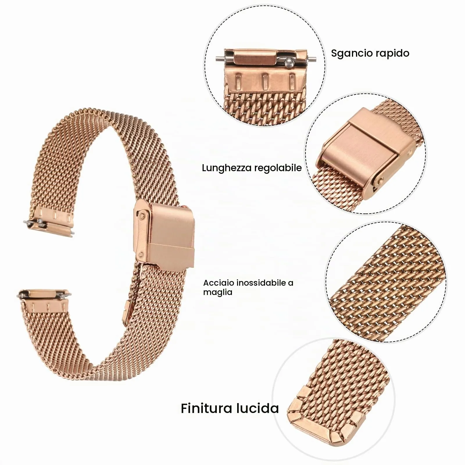 QUARKZMAN 316L Acciaio Inossidabile Maglia Cinturino Orologio 14mm Cinturino Orologio in Metallo Regolabile a Sgancio Rapido per Uomo Donna, Oro Rosa - immagine 4
