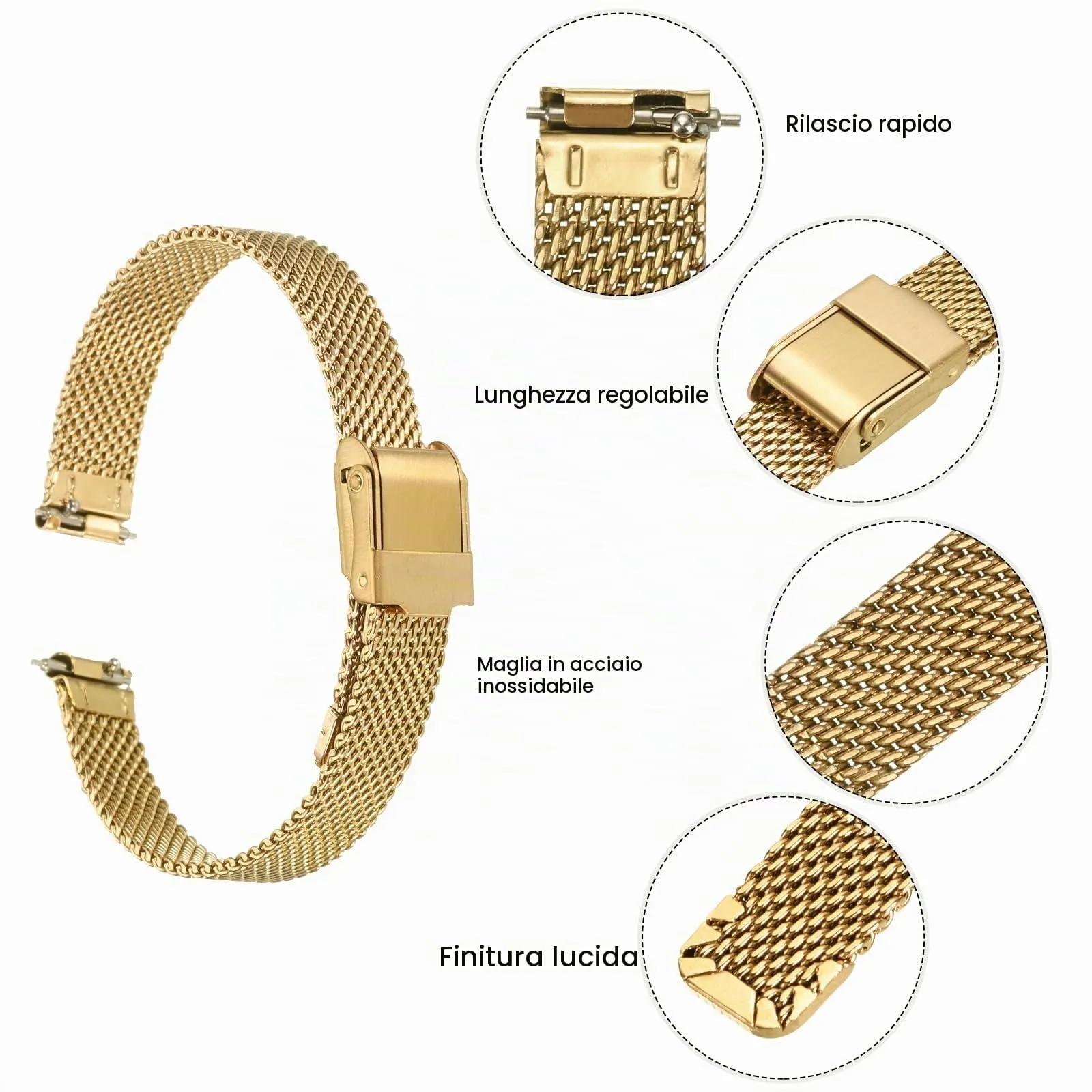 QUARKZMAN 316L Acciaio Inossidabile Maglia Cinturino Orologio 10mm Cinturino Orologio in Metallo Regolabile a Sgancio Rapido per Uomo Donna, Tono Oro - immagine 4