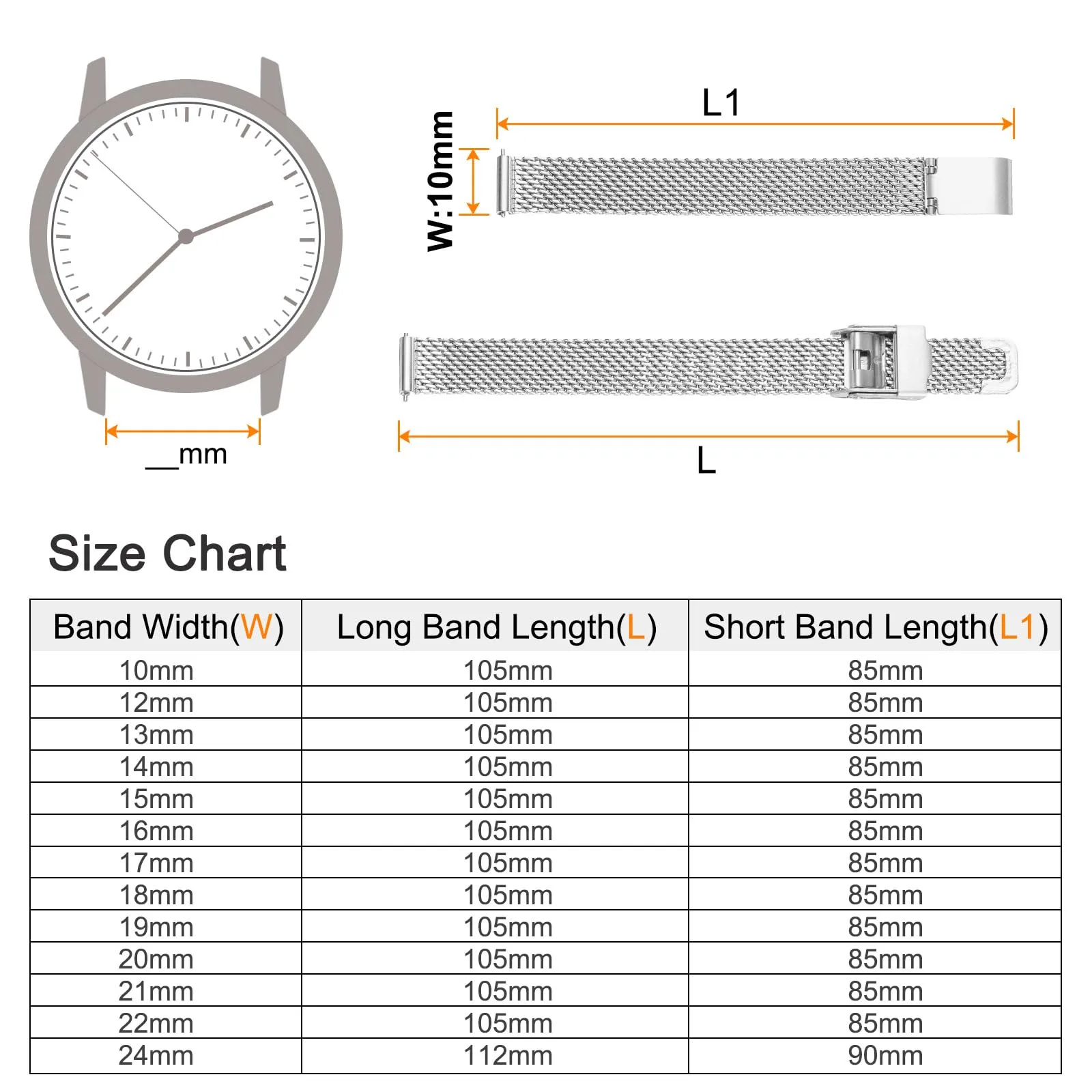 QUARKZMAN 316L Acciaio Inossidabile Maglia Cinturino Orologio 10mm Cinturino Orologio in Metallo Regolabile a Sgancio Rapido per Uomo Donna, Tono Argento - immagine 2