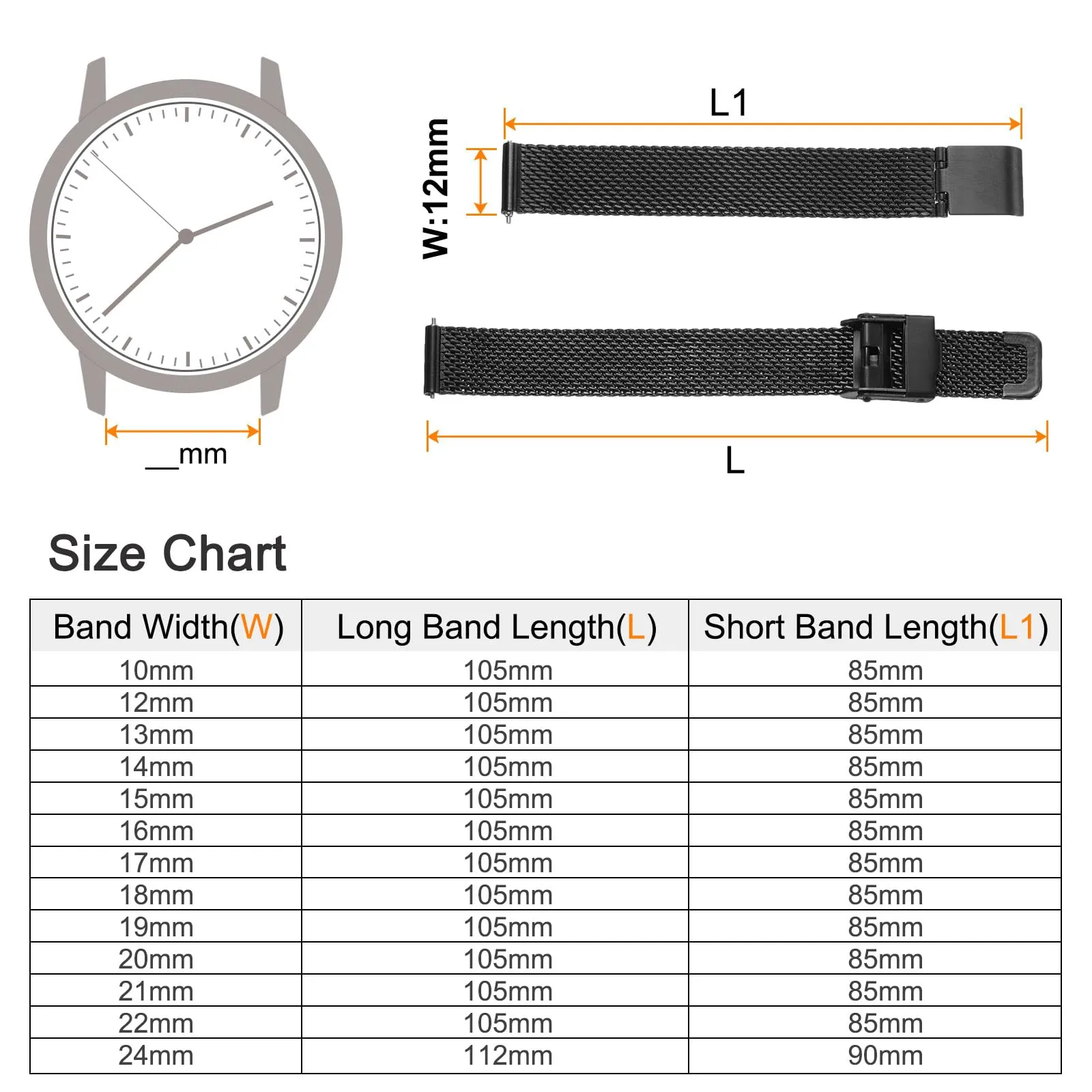QUARKZMAN 316L Acciaio Inossidabile Maglia Cinturino Orologio 12mm Cinturino Orologio in Metallo Regolabile a Sgancio Rapido per Uomo Donna, Nero - immagine 2