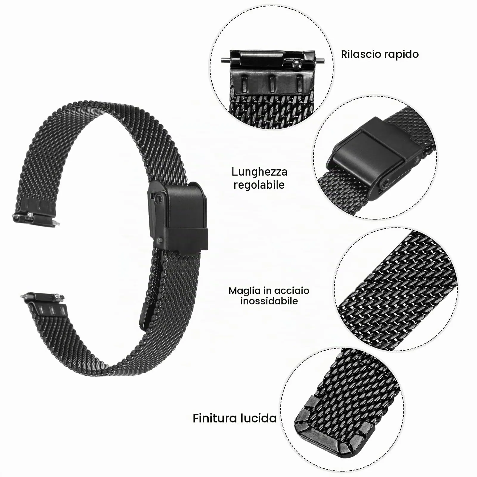 QUARKZMAN 316L Acciaio Inossidabile Maglia Cinturino Orologio 12mm Cinturino Orologio in Metallo Regolabile a Sgancio Rapido per Uomo Donna, Nero - immagine 4