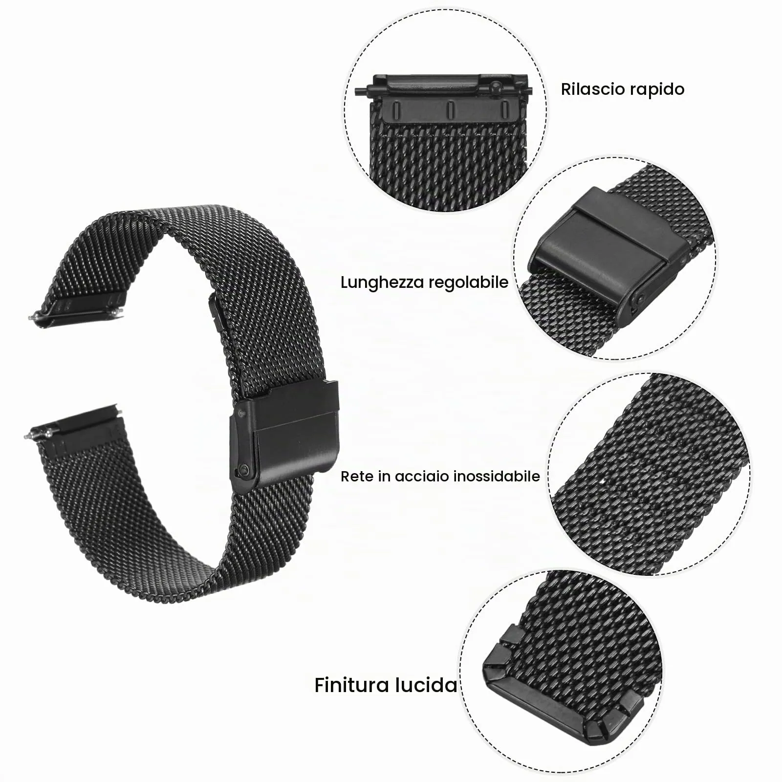 QUARKZMAN 316L Acciaio Inossidabile Maglia Cinturino Orologio 20mm Cinturino Orologio in Metallo Regolabile a Sgancio Rapido per Uomo Donna, Nero - immagine 4