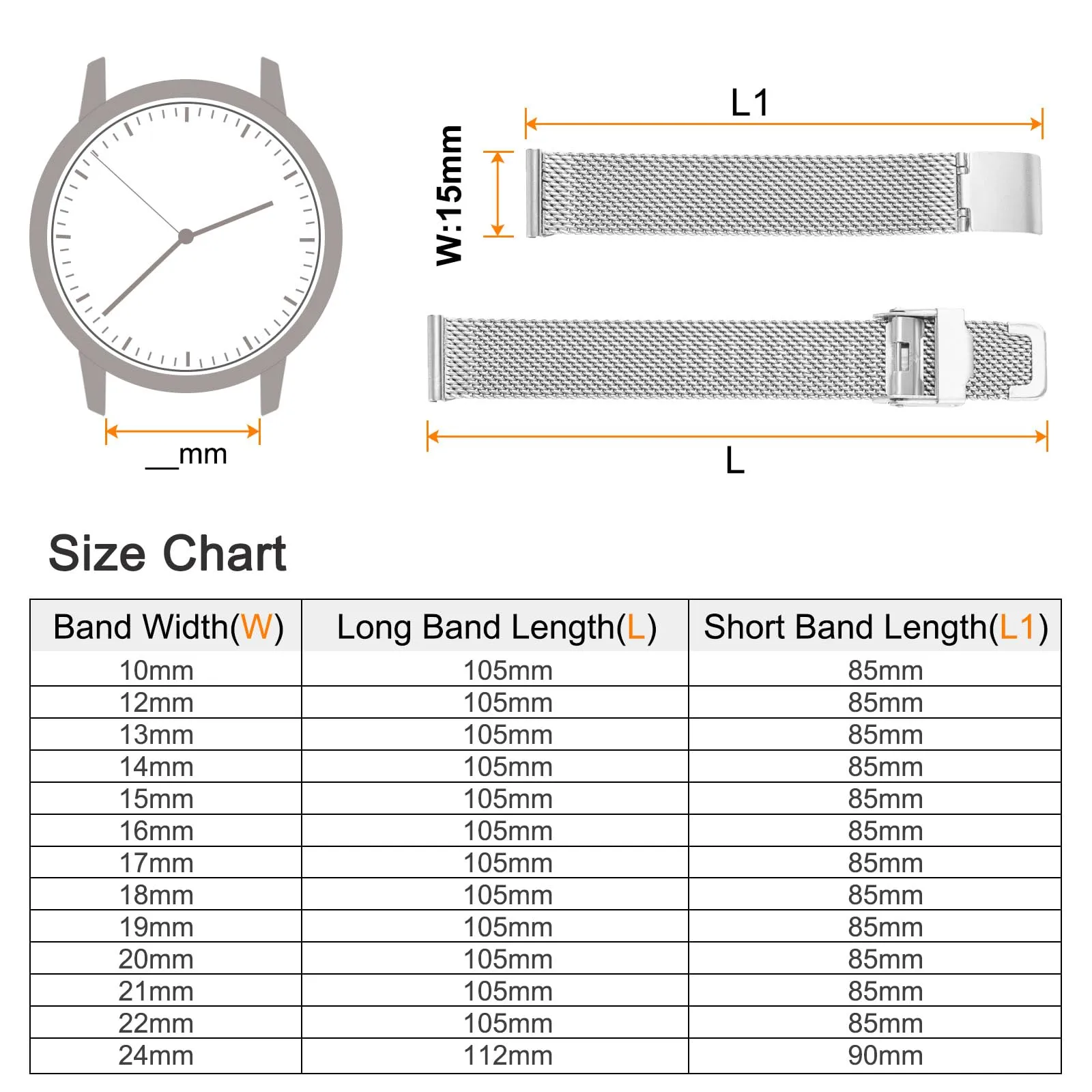 QUARKZMAN 316L Acciaio Inossidabile Maglia Cinturino Orologio 15mm Cinturino Orologio in Metallo Regolabile a Sgancio Rapido per Uomo Donna, Tono Argento - immagine 2