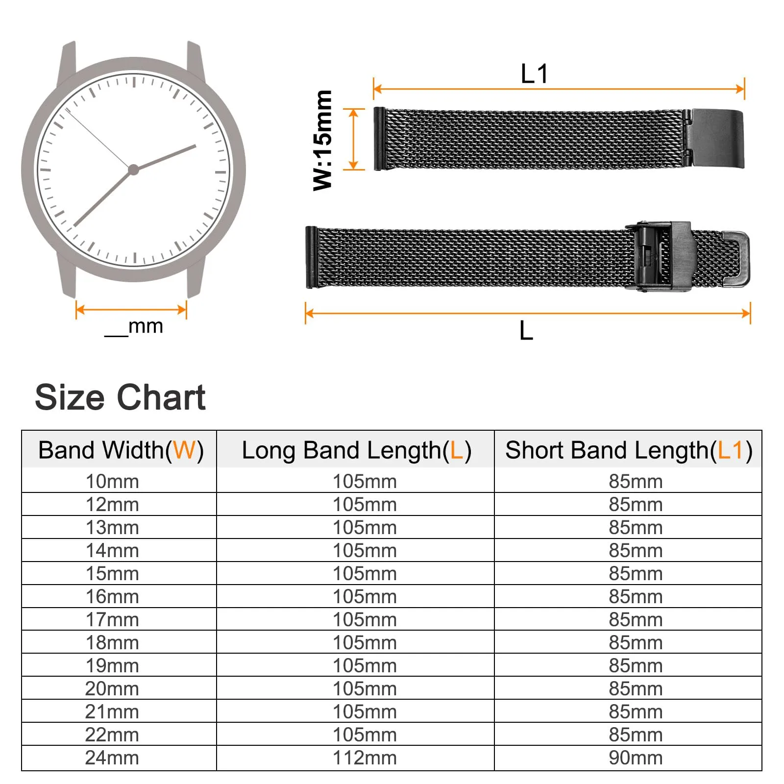QUARKZMAN 316L Acciaio Inossidabile Maglia Cinturino Orologio 15mm Cinturino Orologio in Metallo Regolabile a Sgancio Rapido per Uomo Donna, Nero - immagine 2