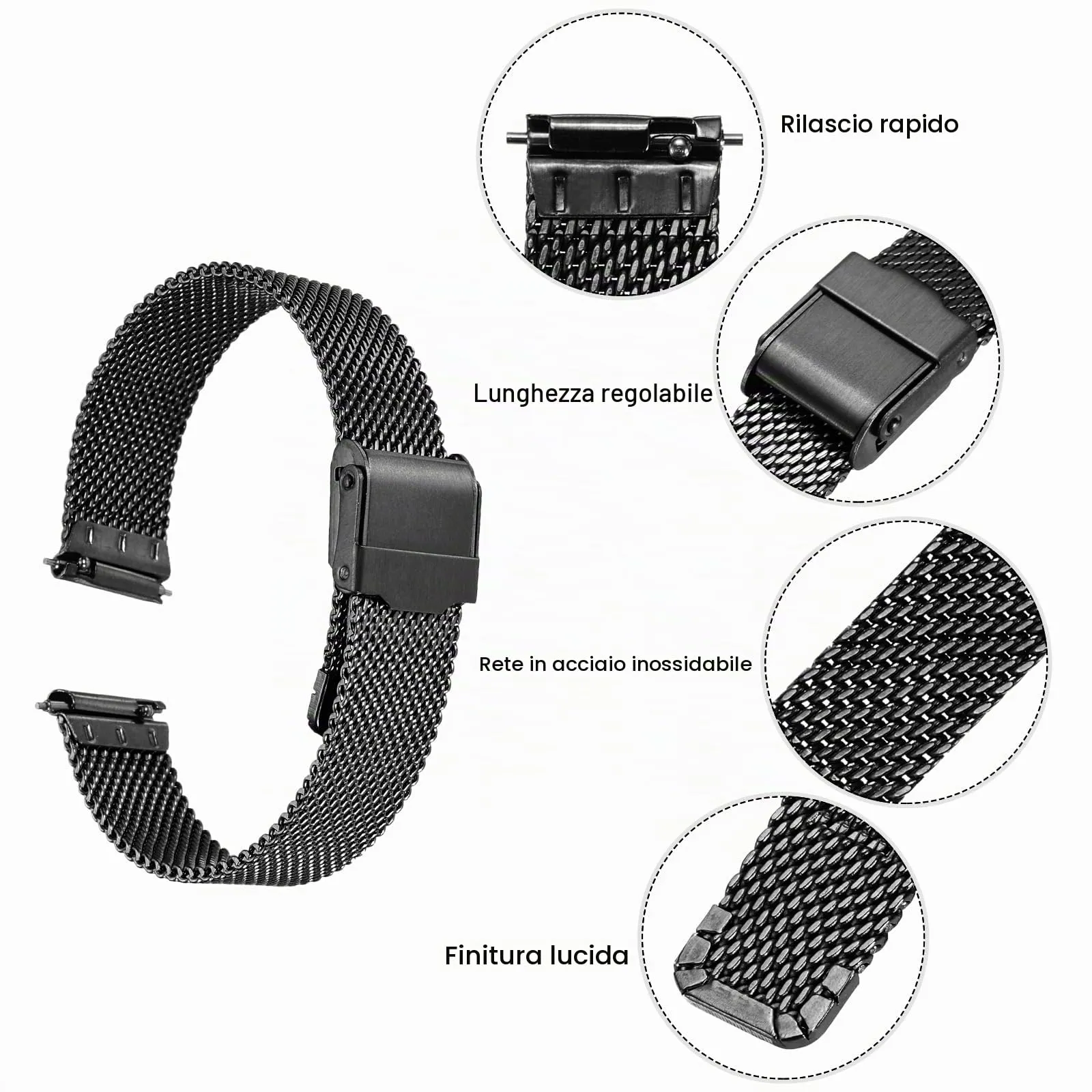 QUARKZMAN 316L Acciaio Inossidabile Maglia Cinturino Orologio 15mm Cinturino Orologio in Metallo Regolabile a Sgancio Rapido per Uomo Donna, Nero - immagine 4