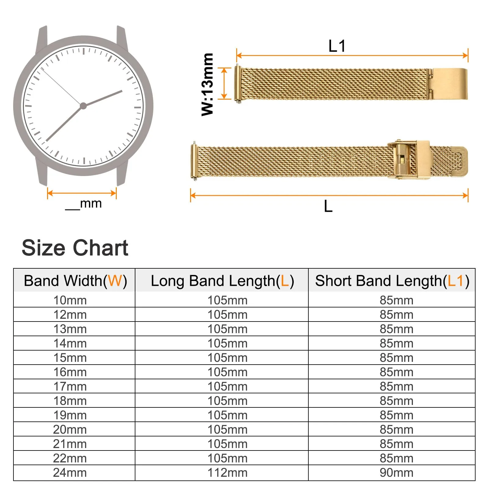 QUARKZMAN 316L Acciaio Inossidabile Maglia Cinturino Orologio 13mm Cinturino Orologio in Metallo Regolabile a Sgancio Rapido per Uomo Donna, Tono Oro - immagine 2