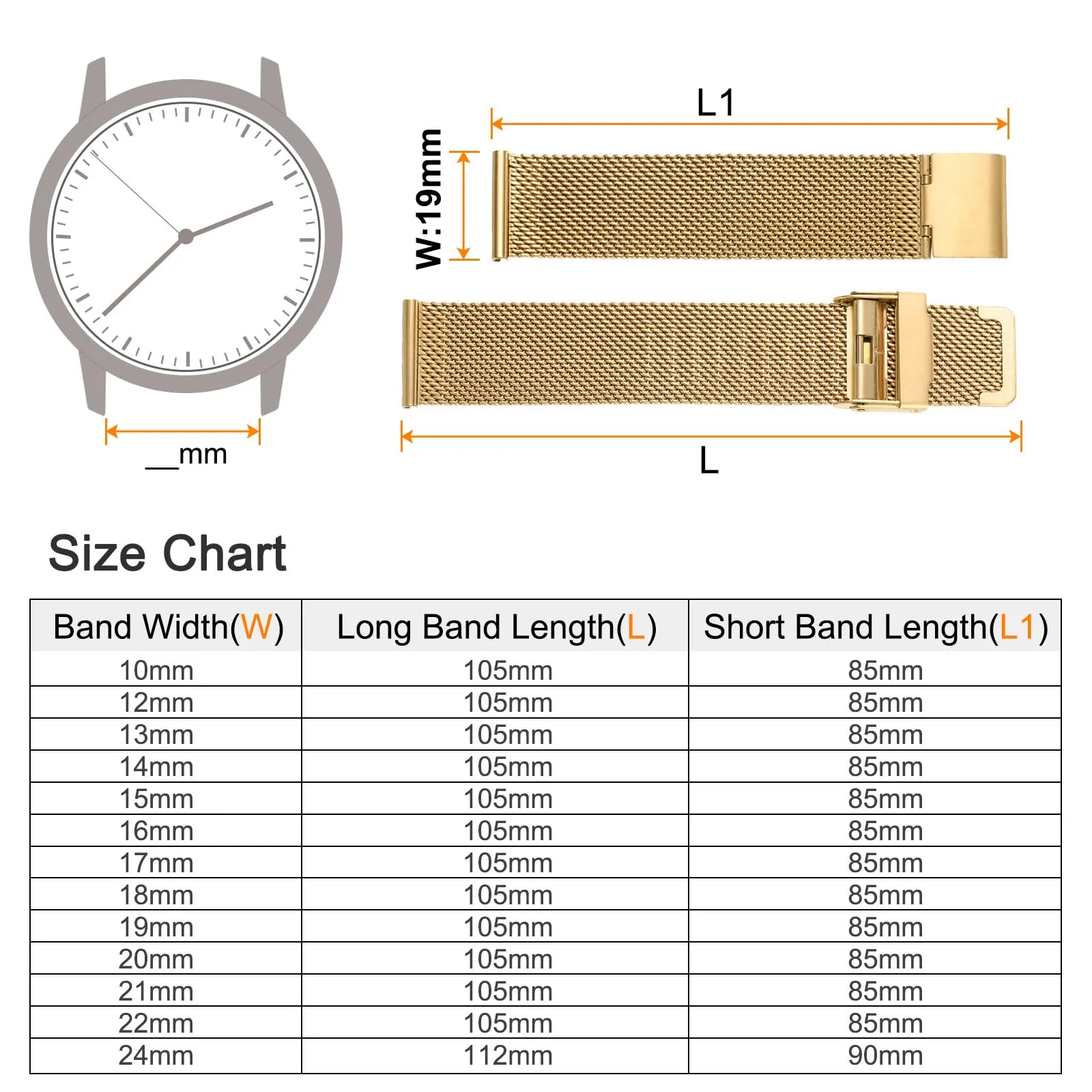 QUARKZMAN 316L Acciaio Inossidabile Maglia Cinturino Orologio 19mm Tono Oro - immagine 2