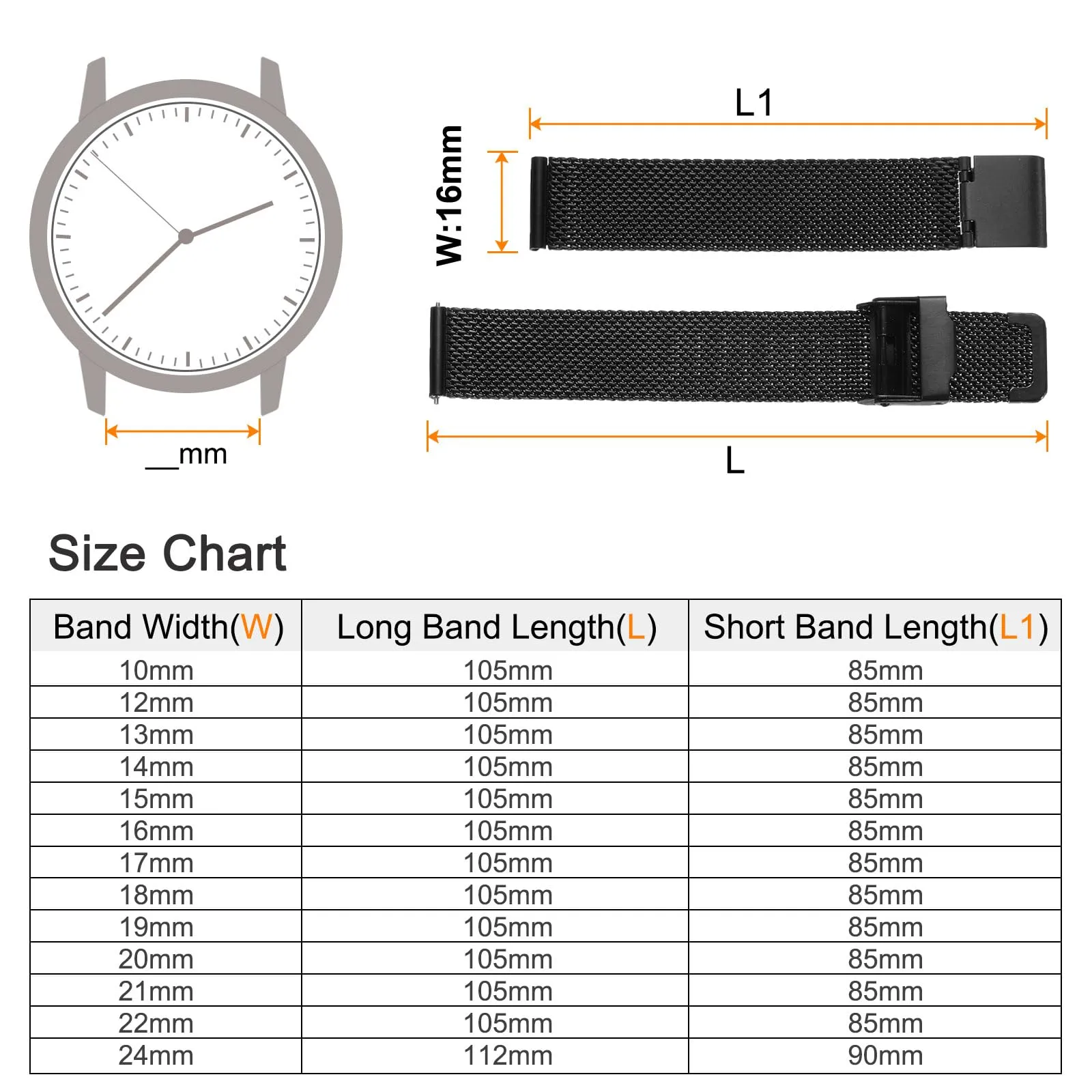 QUARKZMAN 316L Acciaio Inossidabile Maglia Cinturino Orologio 16mm Cinturino Orologio in Metallo Regolabile a Sgancio Rapido per Uomo Donna, Nero - immagine 2