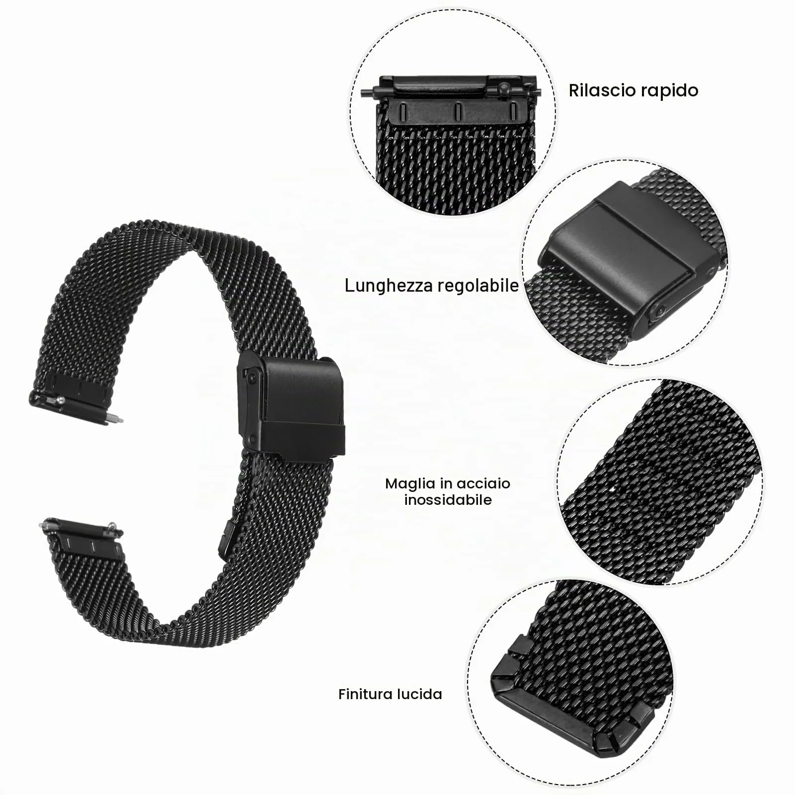 QUARKZMAN 316L Acciaio Inossidabile Maglia Cinturino Orologio 16mm Cinturino Orologio in Metallo Regolabile a Sgancio Rapido per Uomo Donna, Nero - immagine 4