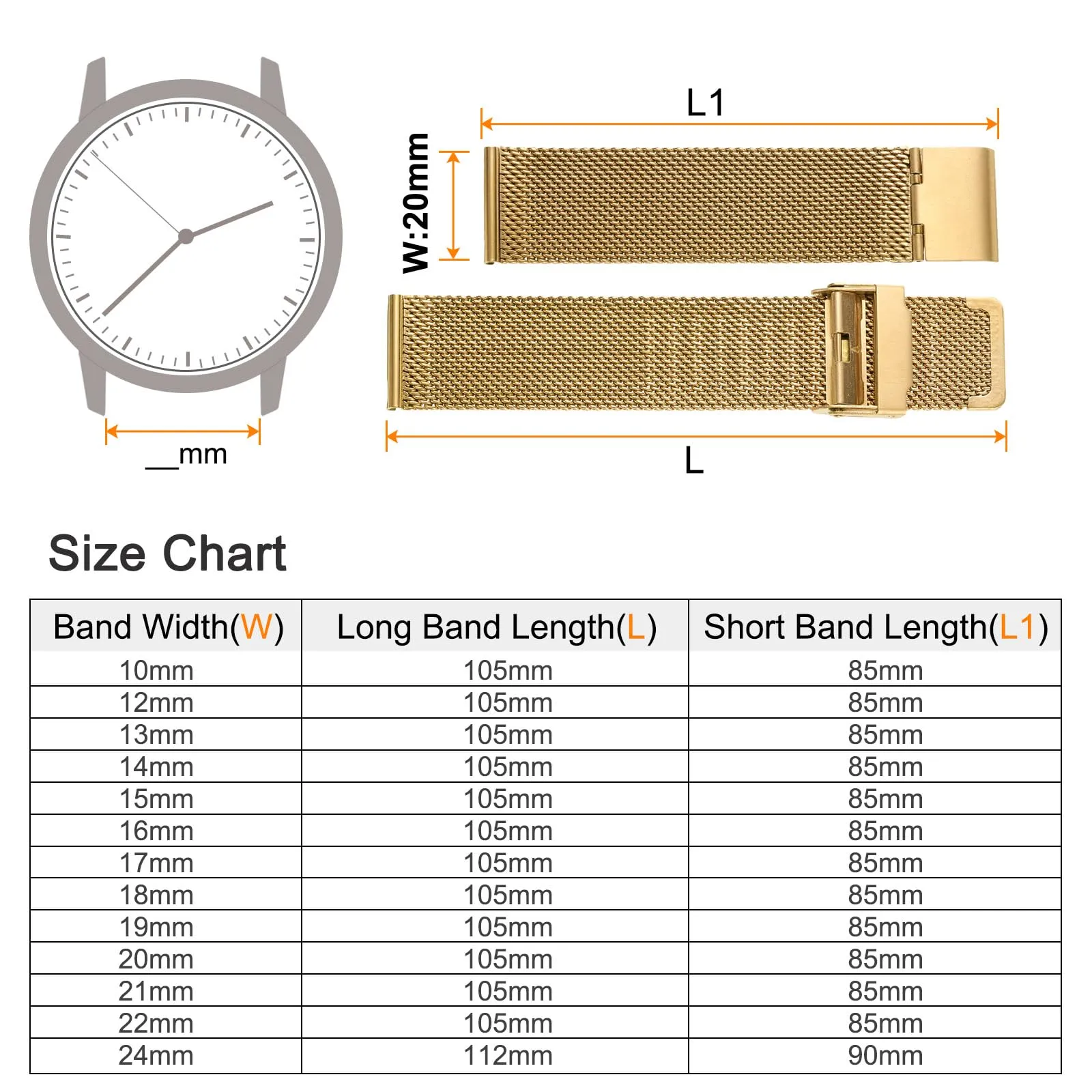 QUARKZMAN 316L Acciaio Inossidabile Maglia Cinturino Orologio 20mm Tono Oro - immagine 2
