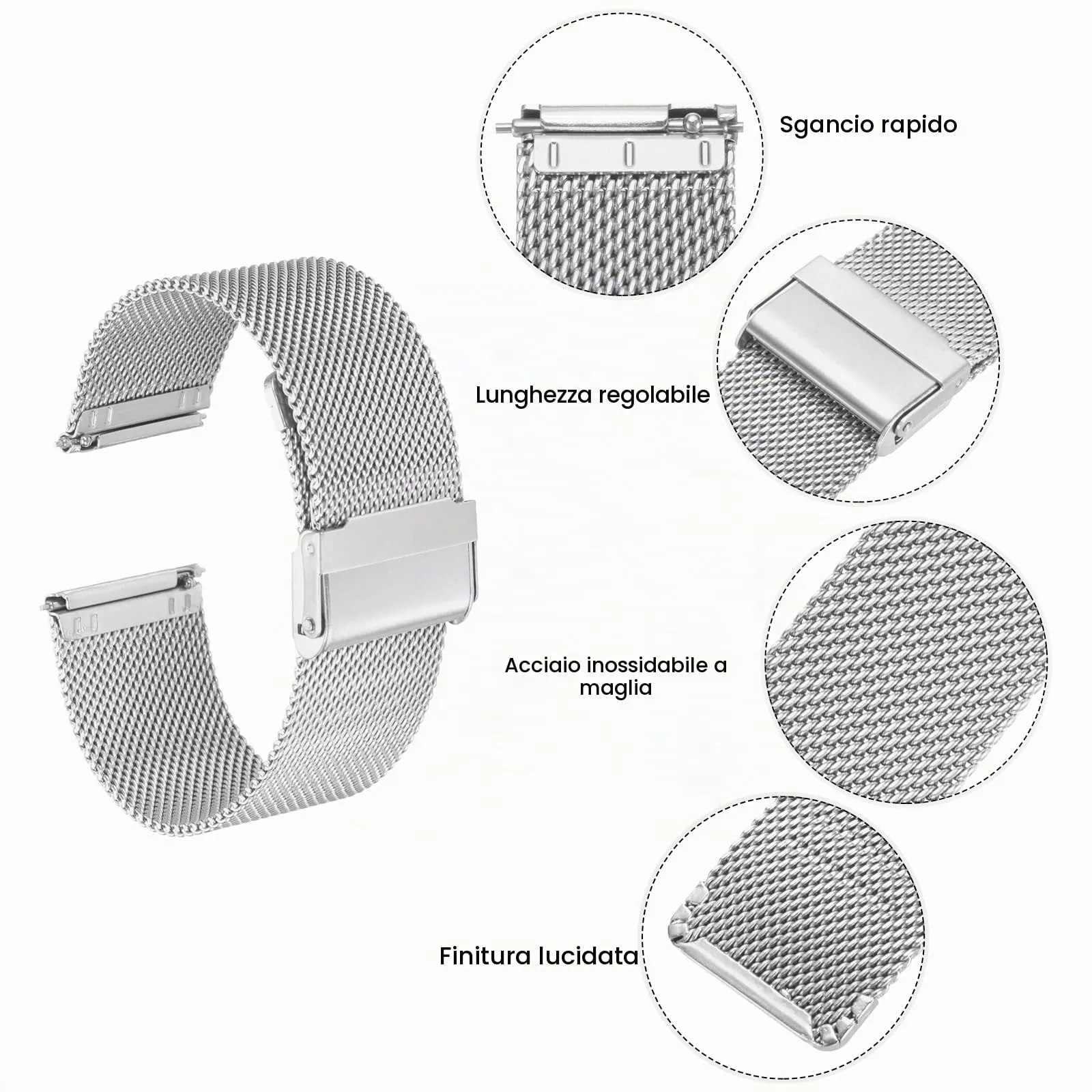 QUARKZMAN 316L Acciaio Inossidabile Maglia Cinturino Orologio 24mm Cinturino Orologio in Metallo Regolabile a Sgancio Rapido per Uomo Donna, Tono Argento - immagine 4