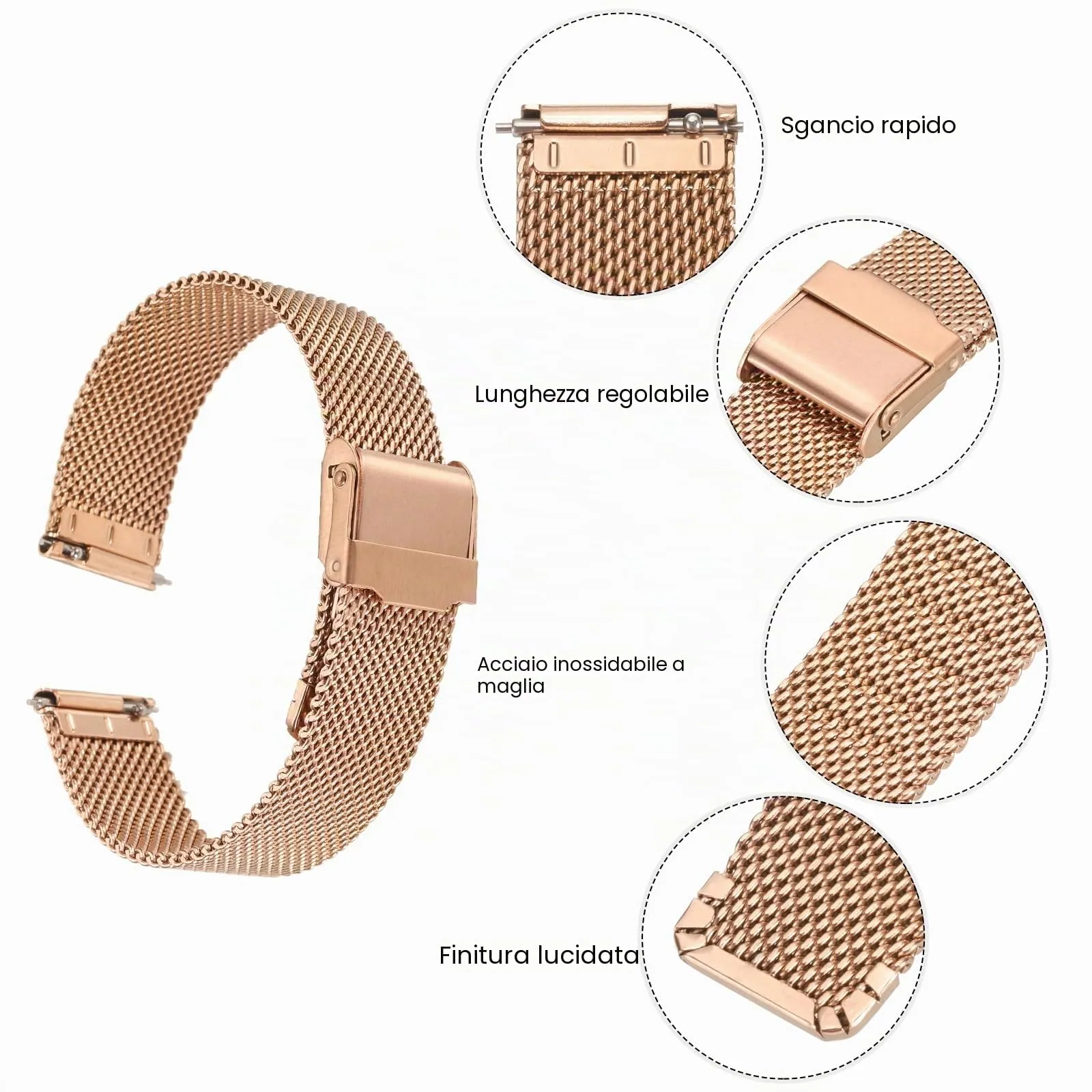 QUARKZMAN 316L Acciaio Inossidabile Maglia Cinturino Orologio 16mm Cinturino Orologio in Metallo Regolabile a Sgancio Rapido per Uomo Donna, Oro Rosa - immagine 4