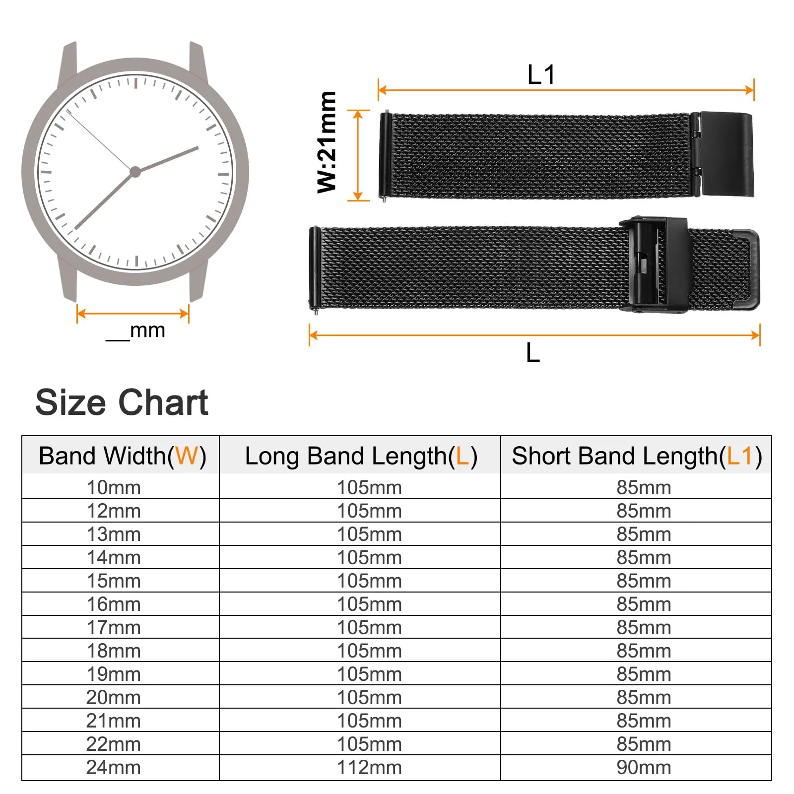 QUARKZMAN 316L Acciaio Inossidabile Maglia Cinturino Orologio 21mm Nero - immagine 2