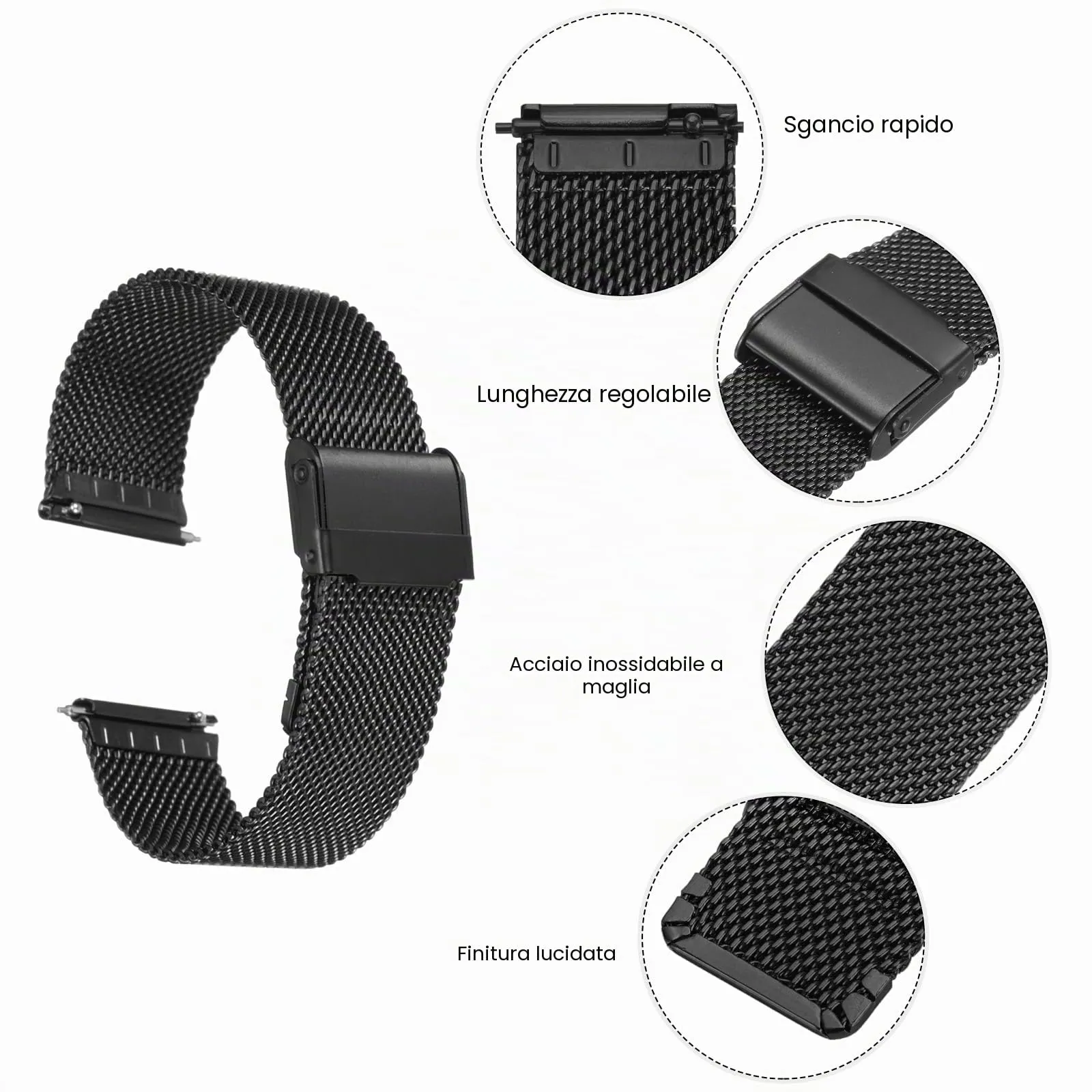 QUARKZMAN 316L Acciaio Inossidabile Maglia Cinturino Orologio 21mm Nero - immagine 4
