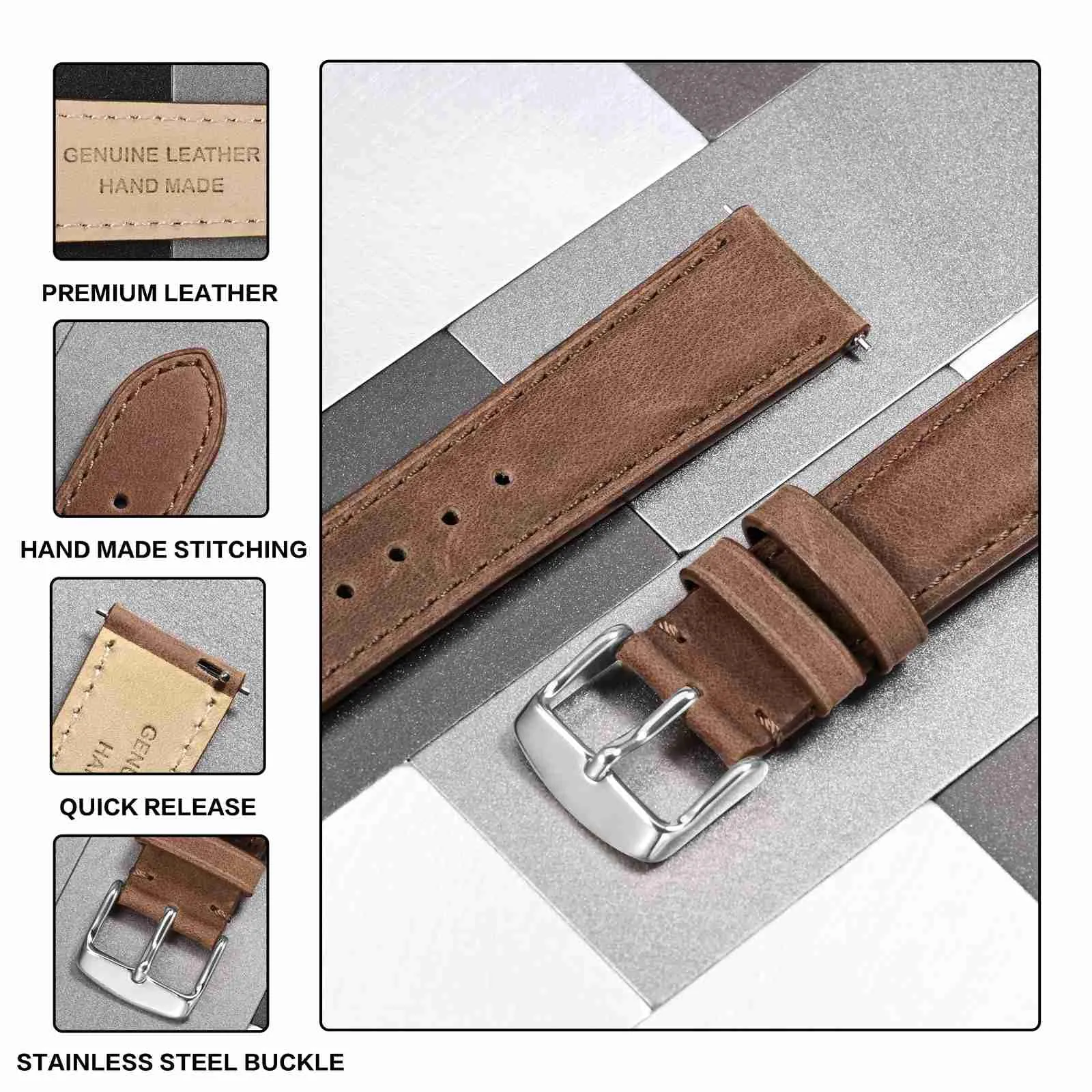 Anbeer Cinturini per orologi in vera pelle a sgancio rapido, cinturini per orologi in pelle di cavallo pazzo per uomini e donne, larghezza della banda 20mm, Fibbia in argento - immagine 3