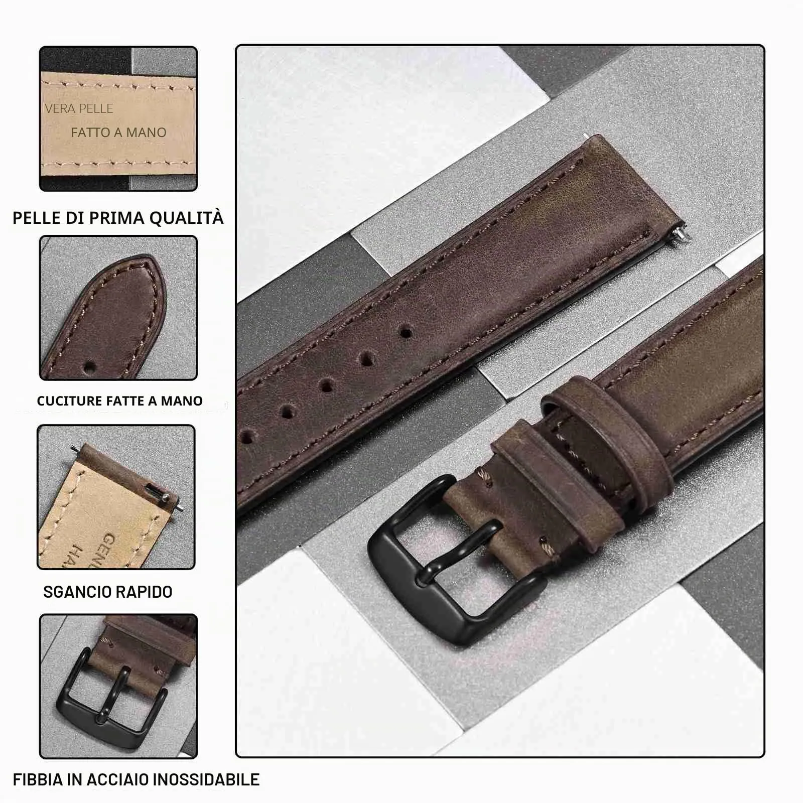 Anbeer Cinturini per orologi in vera pelle a sgancio rapido, cinturini per orologi in pelle di cavallo pazzo per uomini e donne, larghezza della banda 18mm, Fibbia nera - immagine 3