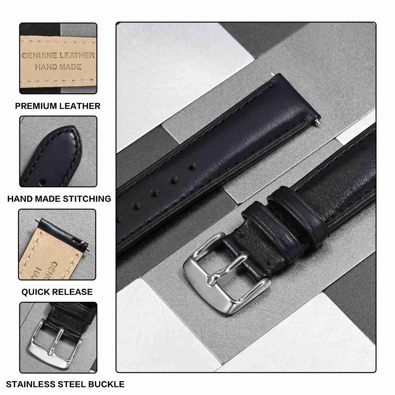 Anbeer Cinturini per orologi in vera pelle a sgancio rapido, cinturini per orologi in pelle di cavallo pazzo per uomini e donne, larghezza della banda 20mm, Fibbia in argento - immagine 3