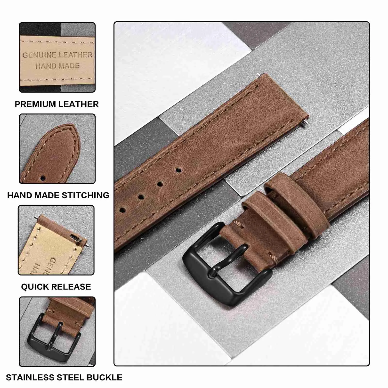 Anbeer Cinturini per orologi in vera pelle a sgancio rapido, cinturini per orologi in pelle di cavallo pazzo per uomini e donne, larghezza della banda 18mm, Fibbia nera - immagine 3