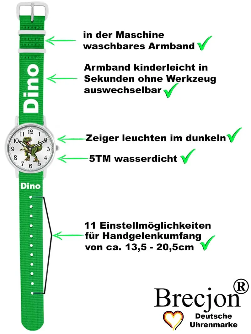 Brecjon Orologio per bambini, motivo dinosauro, con lancette luminose, 5 ATM, impermeabile, in tessuto, Bianco verde/quadrante Sunray - immagine 2