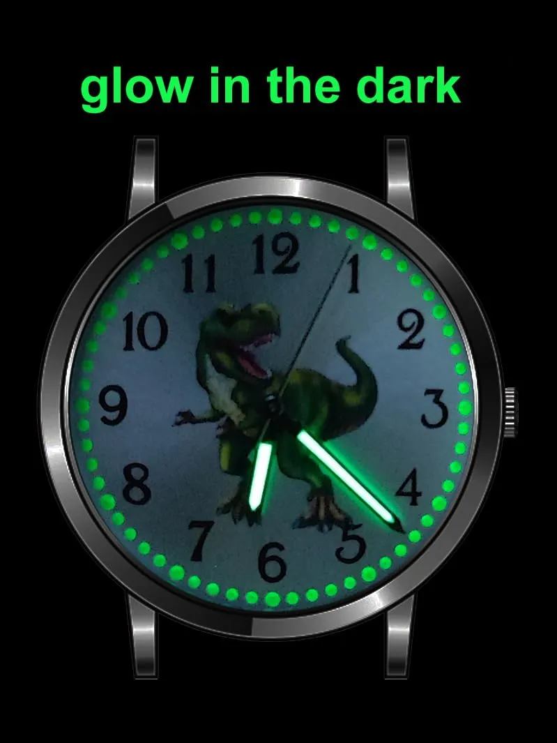 Brecjon Orologio per bambini, motivo dinosauro, con lancette luminose, 5 ATM, impermeabile, in tessuto, Bianco verde/quadrante Sunray - immagine 3