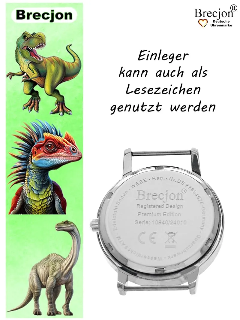 Brecjon Orologio per bambini, motivo dinosauro, con lancette luminose, 5 ATM, impermeabile, in tessuto, Bianco verde/quadrante Sunray - immagine 6