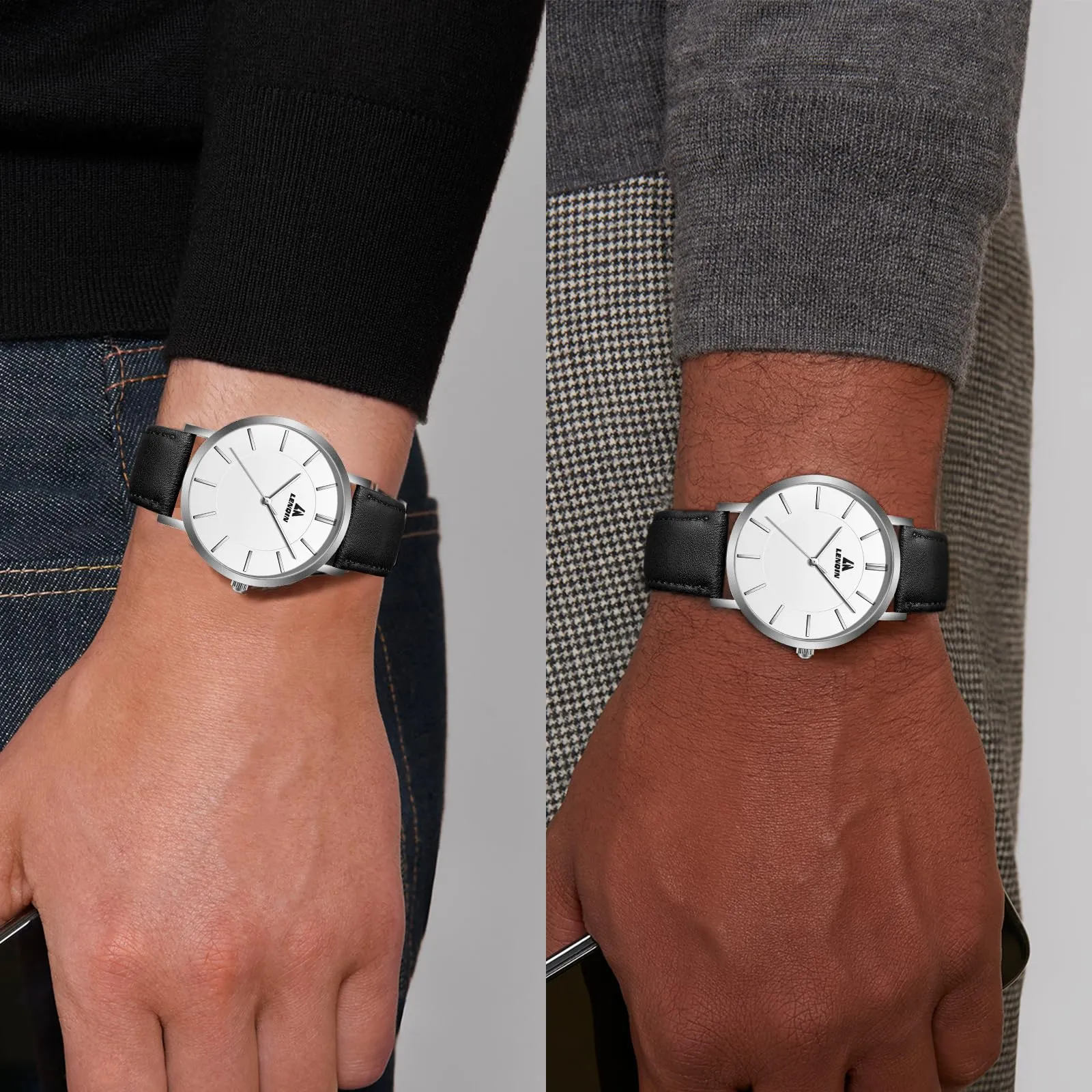 LN LENQIN Orologio Uomo Elegante e Minimalista Cinturino in Vera Pelle Quadrante Sottile Impermeabile Design Classico - immagine 6