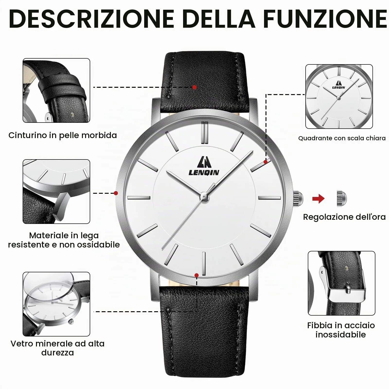 LN LENQIN Orologio Uomo Elegante e Minimalista Cinturino in Vera Pelle Quadrante Sottile Impermeabile Design Classico - immagine 7