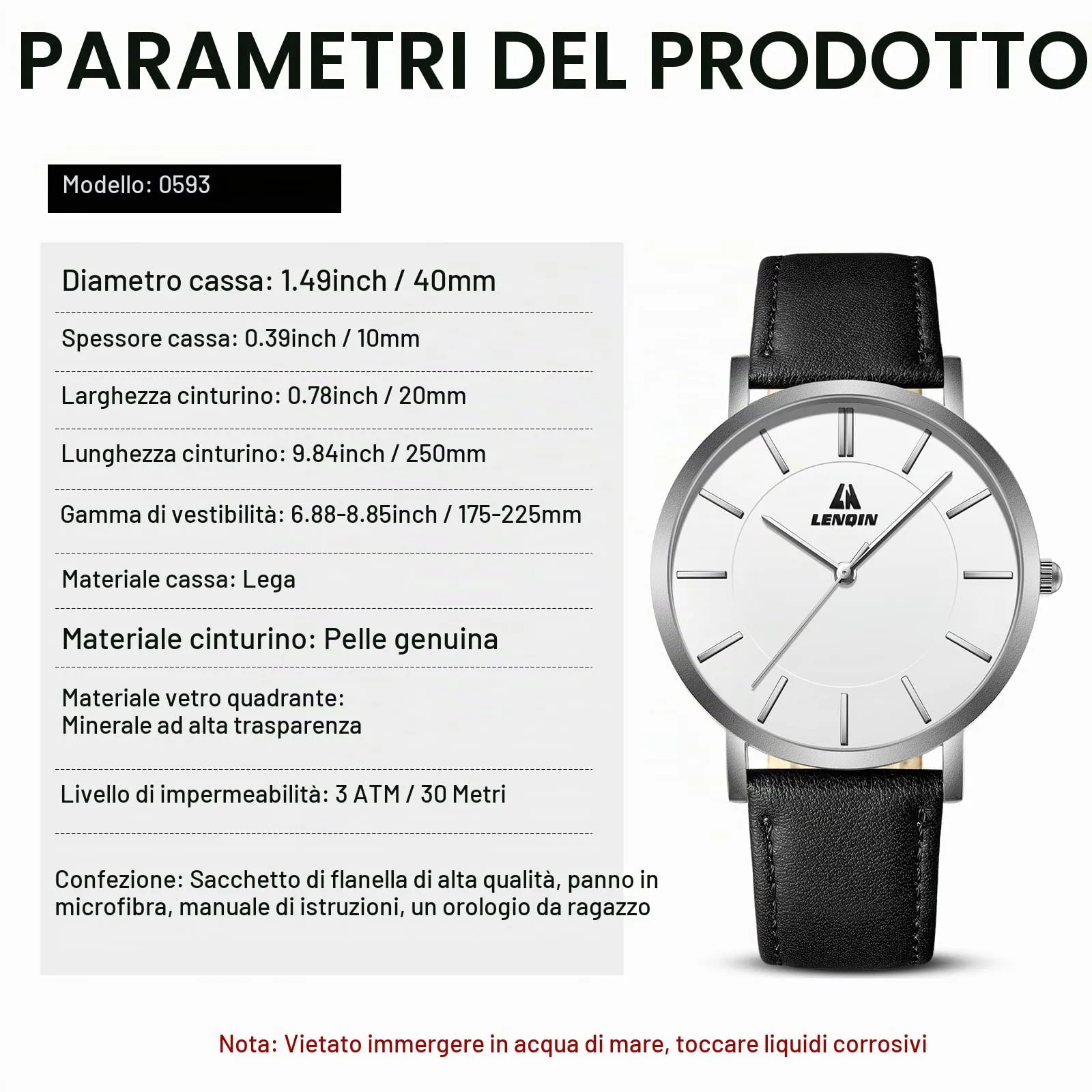 LN LENQIN Orologio Uomo Elegante e Minimalista Cinturino in Vera Pelle Quadrante Sottile Impermeabile Design Classico - immagine 8
