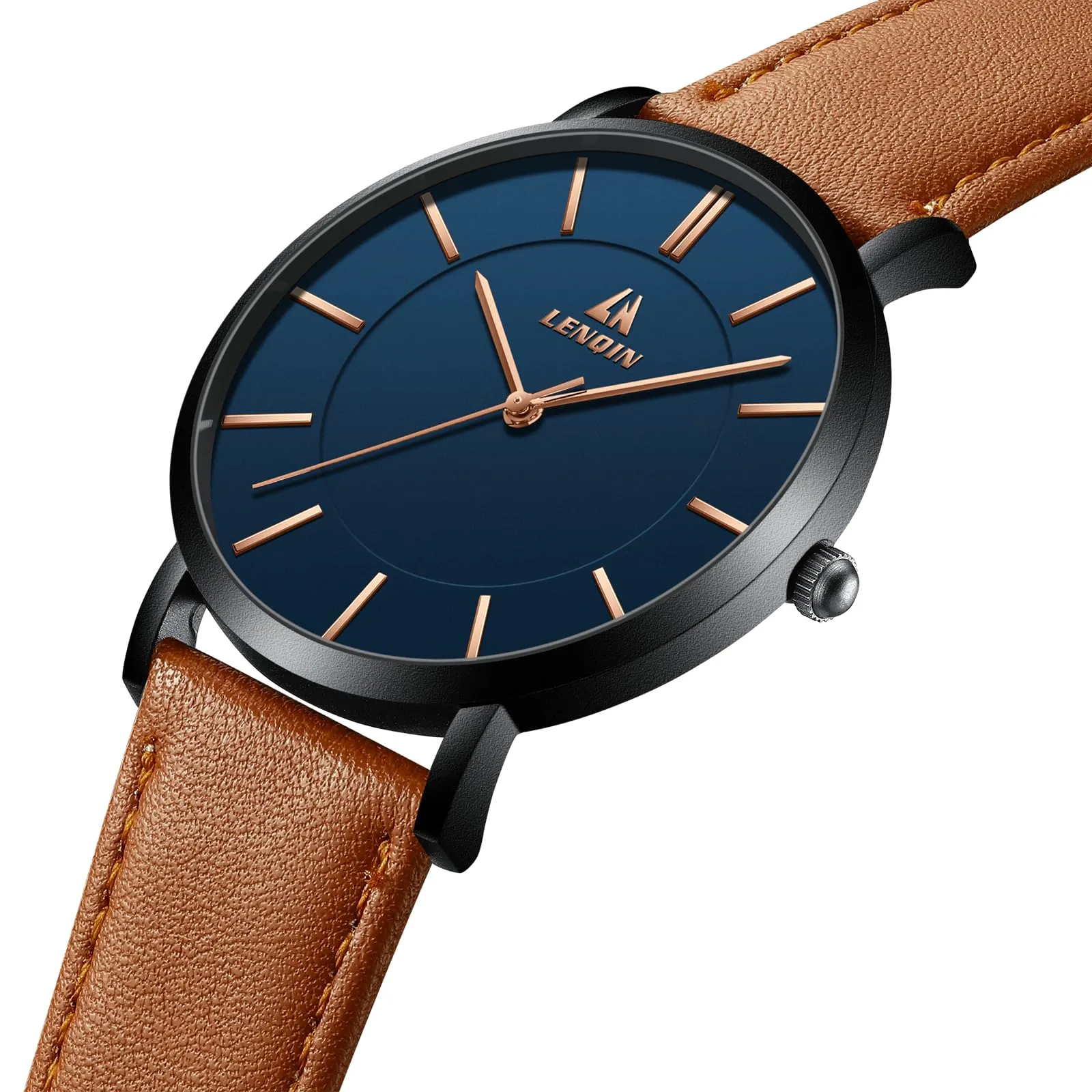 LN LENQIN Orologio Uomo Elegante e Minimalista Cinturino in Vera Pelle Quadrante Sottile Impermeabile Design Classico - immagine 3