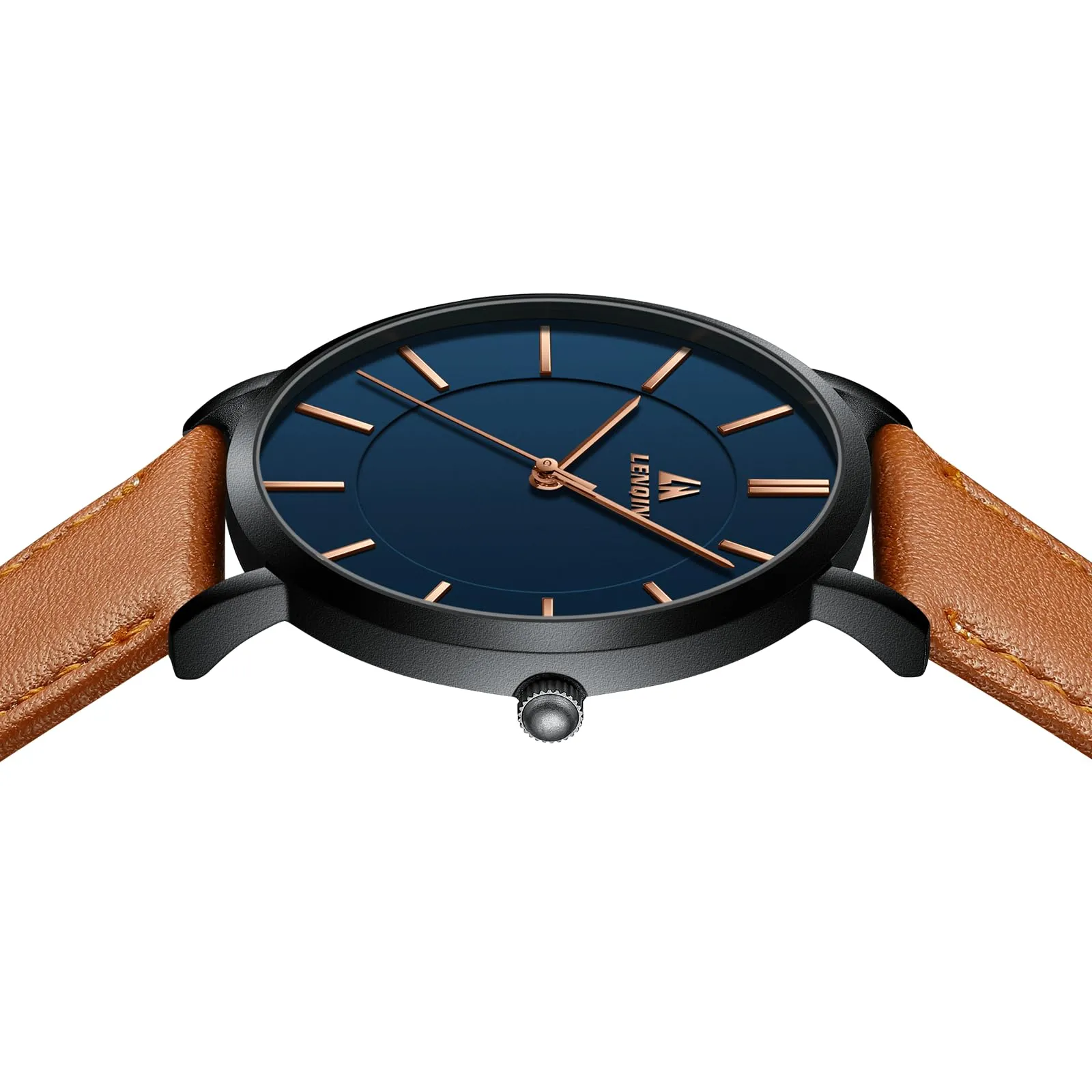 LN LENQIN Orologio Uomo Elegante e Minimalista Cinturino in Vera Pelle Quadrante Sottile Impermeabile Design Classico - immagine 5