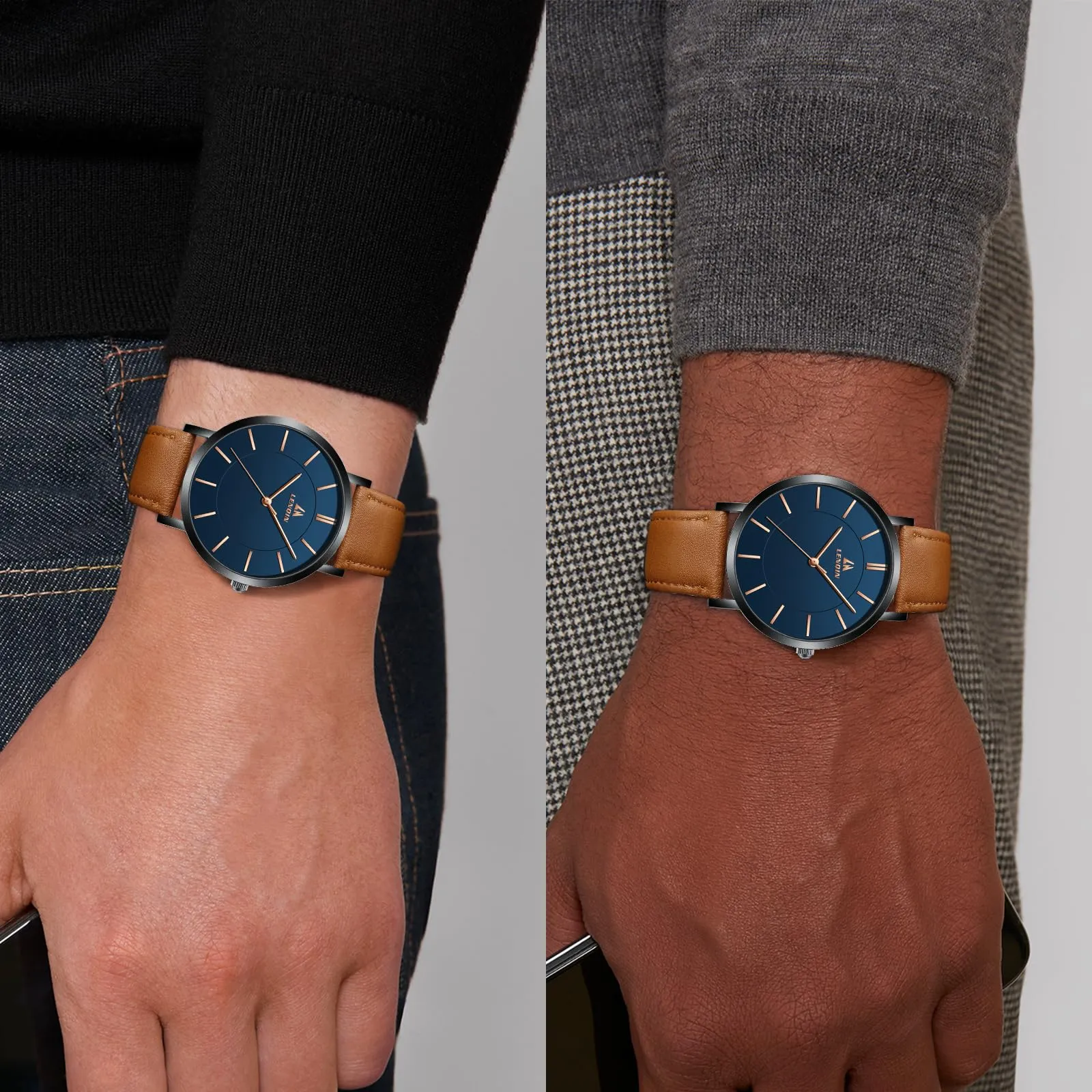 LN LENQIN Orologio Uomo Elegante e Minimalista Cinturino in Vera Pelle Quadrante Sottile Impermeabile Design Classico - immagine 6