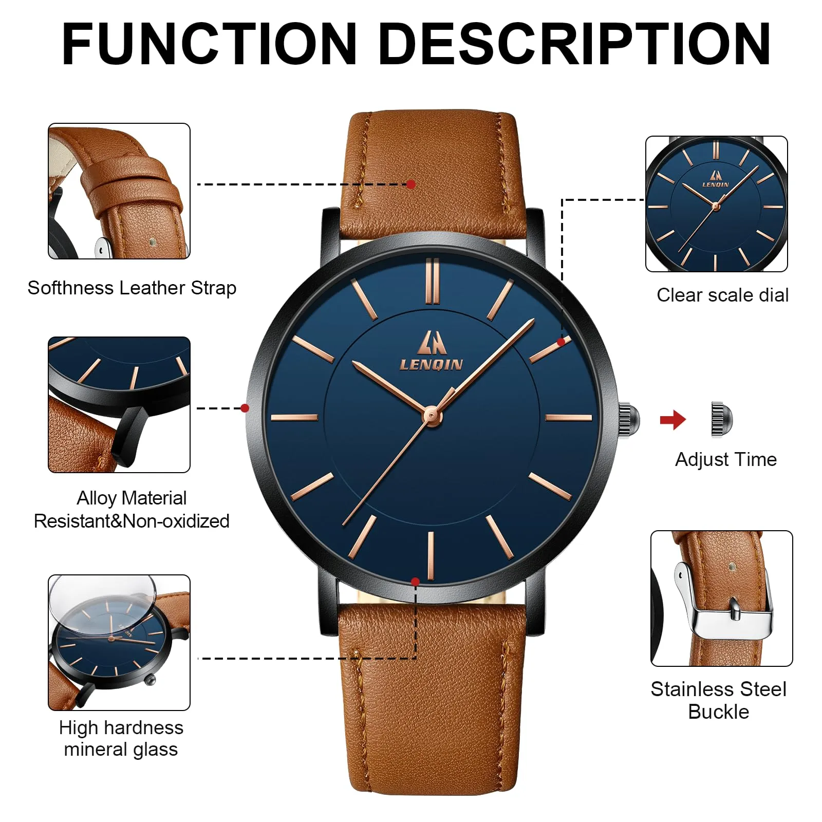 LN LENQIN Orologio Uomo Elegante e Minimalista Cinturino in Vera Pelle Quadrante Sottile Impermeabile Design Classico - immagine 7