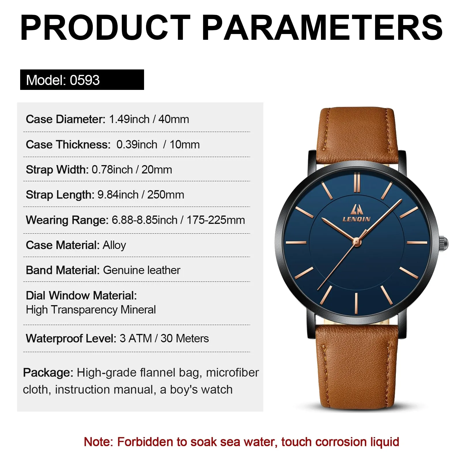 LN LENQIN Orologio Uomo Elegante e Minimalista Cinturino in Vera Pelle Quadrante Sottile Impermeabile Design Classico - immagine 8
