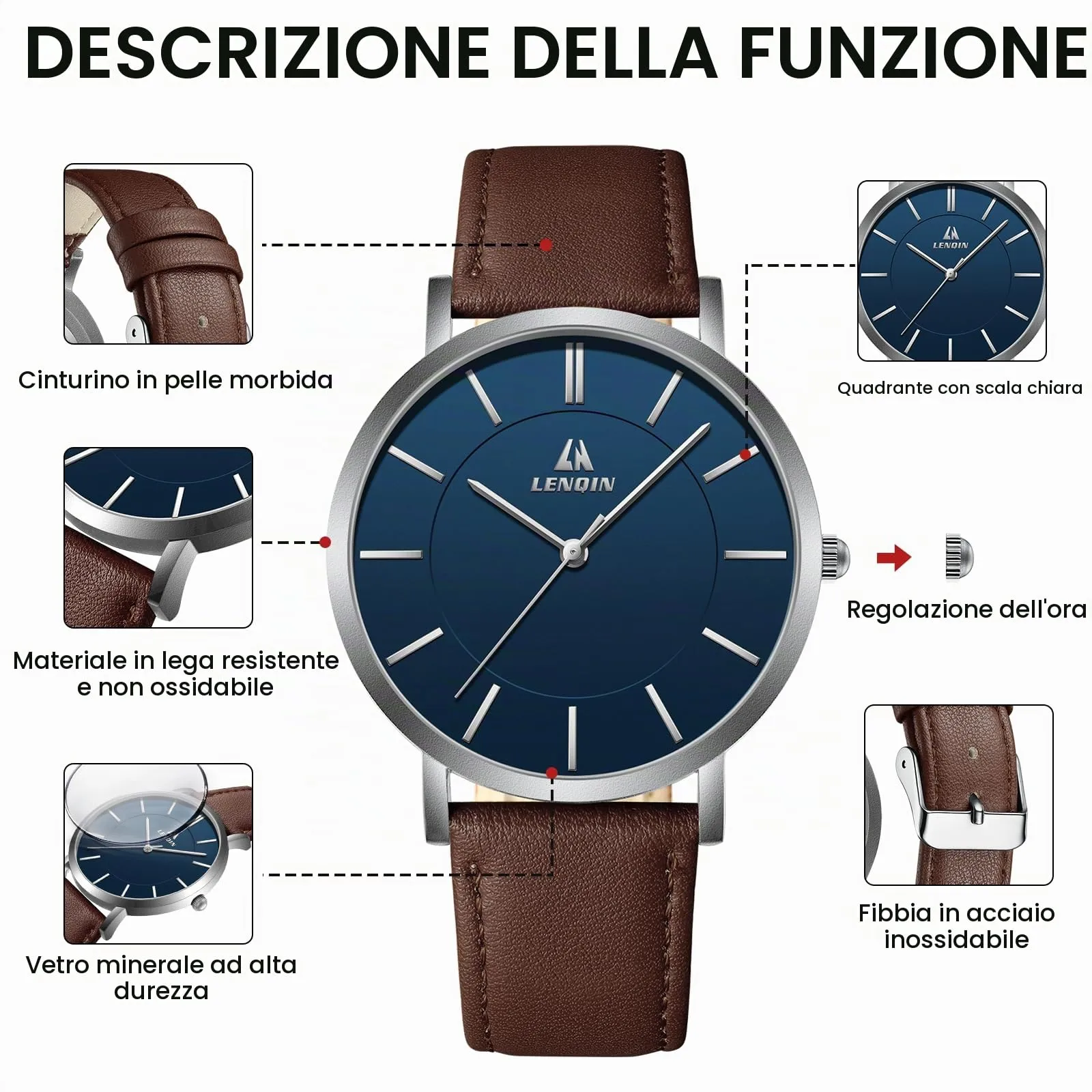 LN LENQIN Orologio Uomo Orologi Polso Uomo Impermeabili Orologi Analogici Al Quarzo Casual Alla Moda Con Data Numeri Romani Cinturino in Pelle - immagine 7